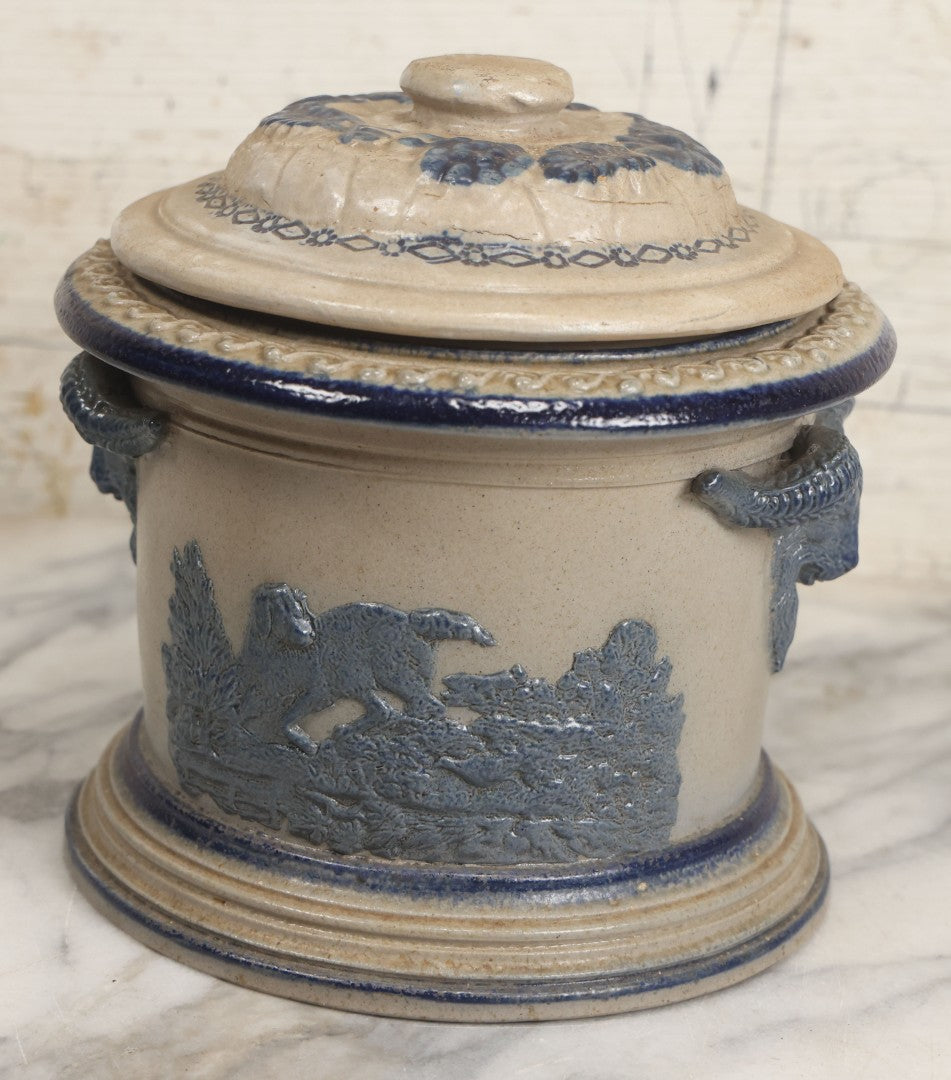 Lot 018 - Antique Molded Stoneware Humidor Vessel With Goat Ram Head Motif, Hunting Dog Scenes, Attributed To White's Pottery, Utica, New York, Circa Late Late 19th Century