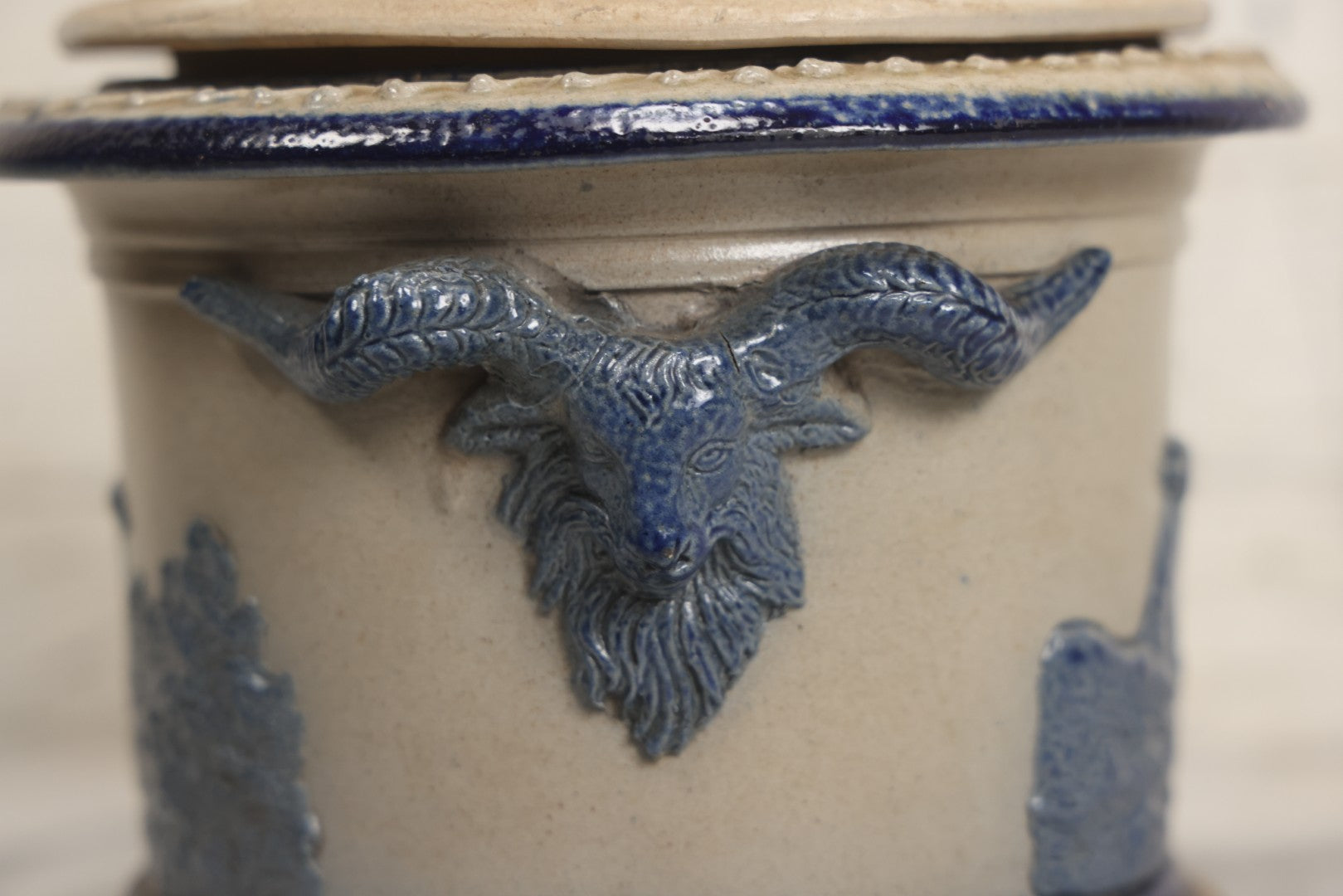 Lot 018 - Antique Molded Stoneware Humidor Vessel With Goat Ram Head Motif, Hunting Dog Scenes, Attributed To White's Pottery, Utica, New York, Circa Late Late 19th Century