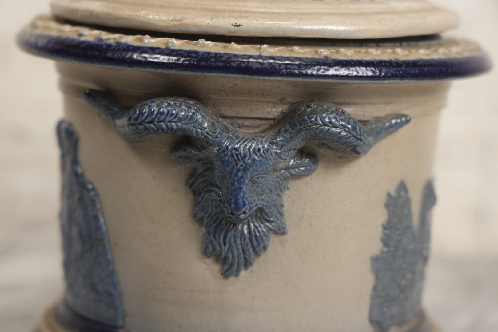 Lot 018 - Antique Molded Stoneware Humidor Vessel With Goat Ram Head Motif, Hunting Dog Scenes, Attributed To White's Pottery, Utica, New York, Circa Late Late 19th Century