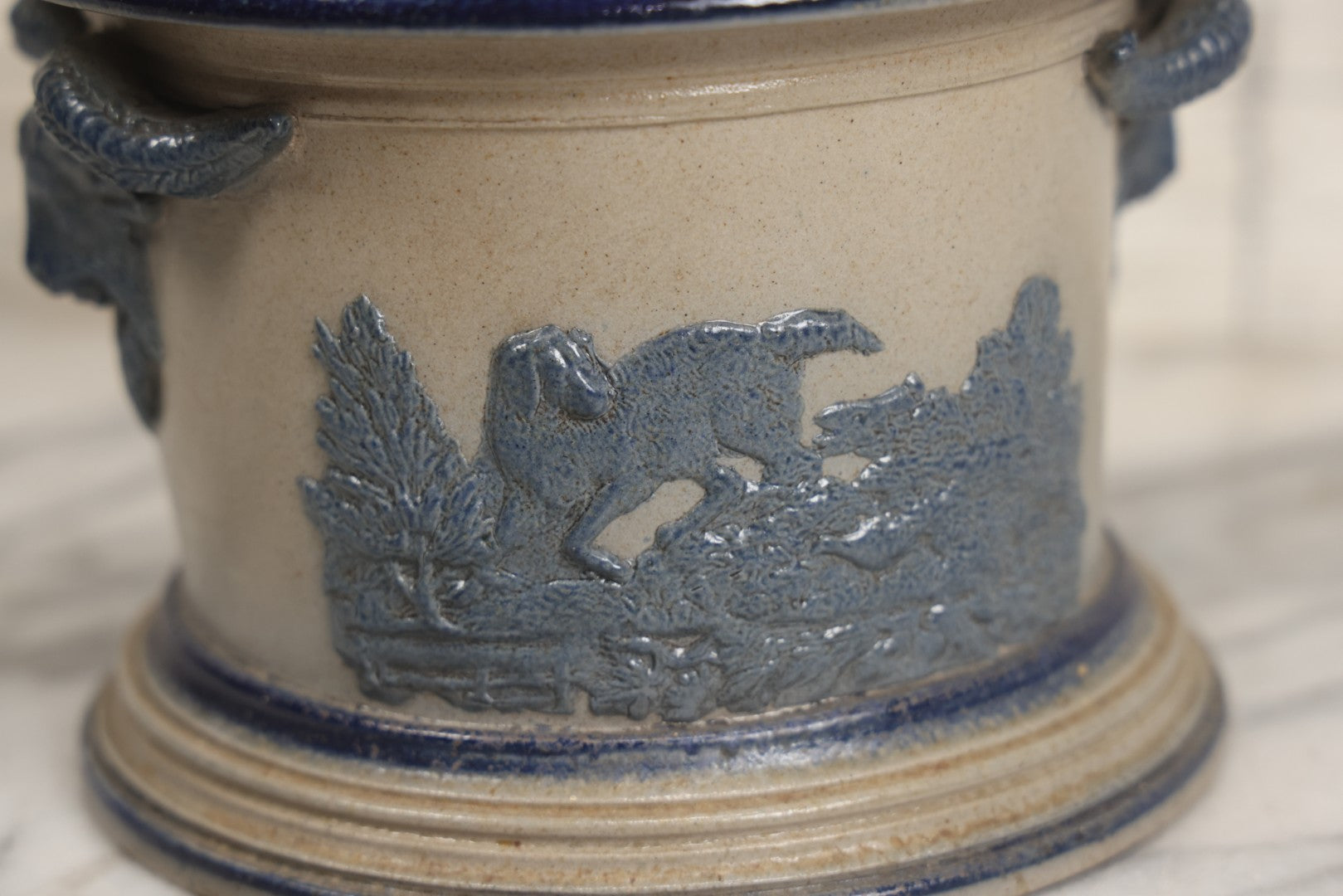 Lot 018 - Antique Molded Stoneware Humidor Vessel With Goat Ram Head Motif, Hunting Dog Scenes, Attributed To White's Pottery, Utica, New York, Circa Late Late 19th Century