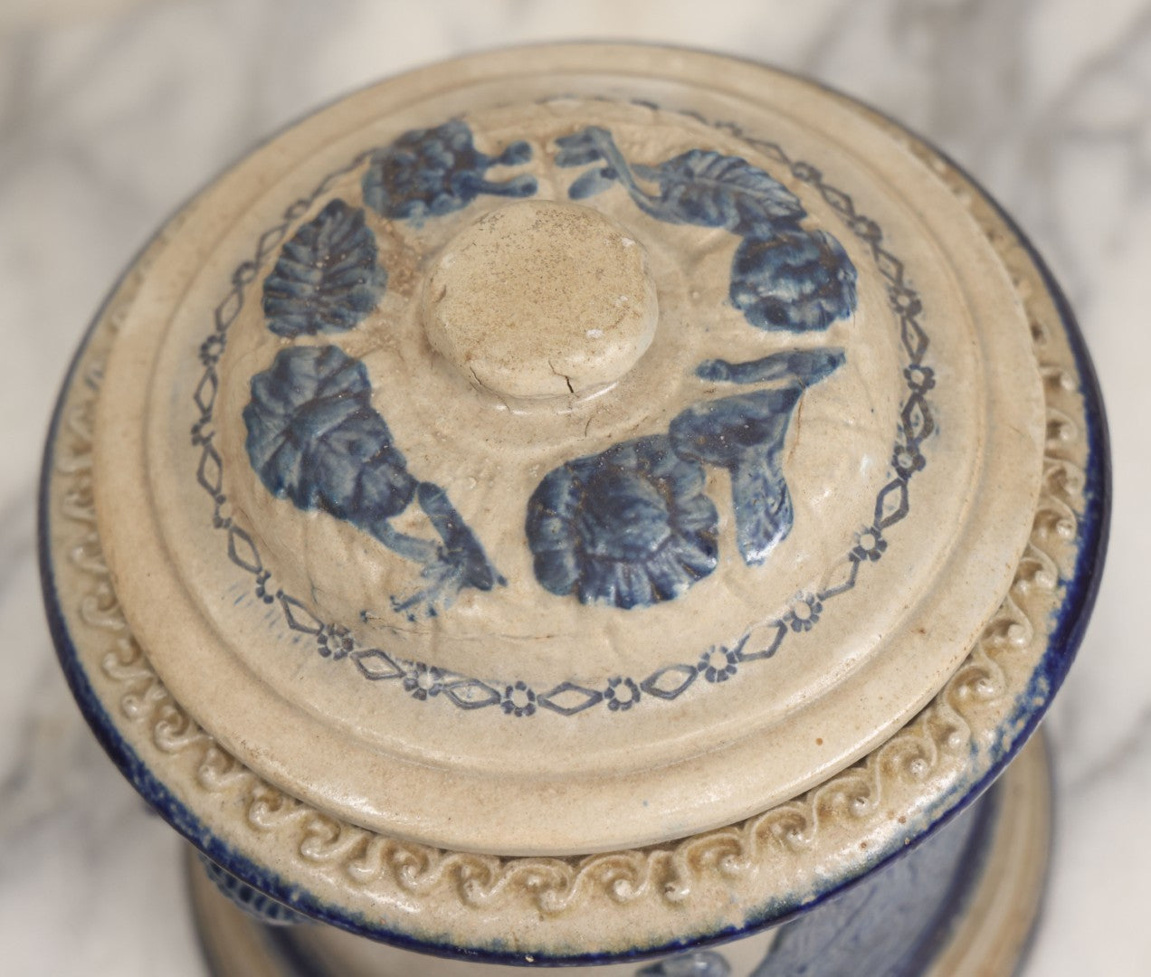 Lot 018 - Antique Molded Stoneware Humidor Vessel With Goat Ram Head Motif, Hunting Dog Scenes, Attributed To White's Pottery, Utica, New York, Circa Late Late 19th Century