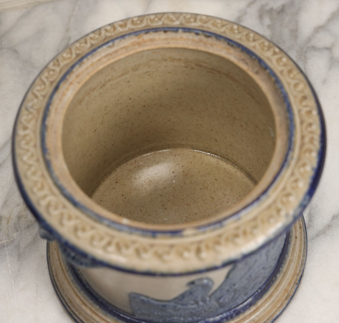 Lot 018 - Antique Molded Stoneware Humidor Vessel With Goat Ram Head Motif, Hunting Dog Scenes, Attributed To White's Pottery, Utica, New York, Circa Late Late 19th Century