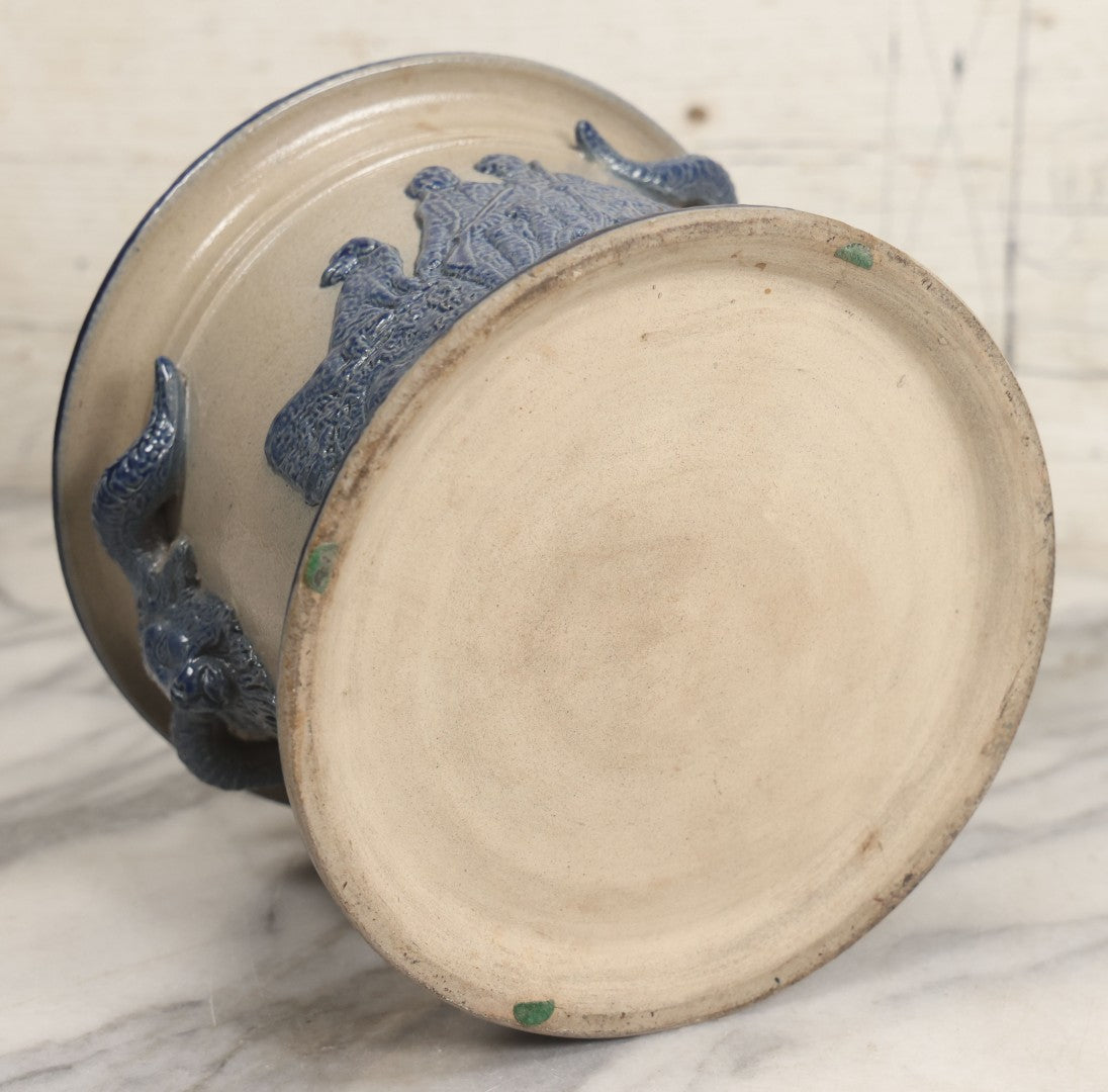 Lot 018 - Antique Molded Stoneware Humidor Vessel With Goat Ram Head Motif, Hunting Dog Scenes, Attributed To White's Pottery, Utica, New York, Circa Late Late 19th Century