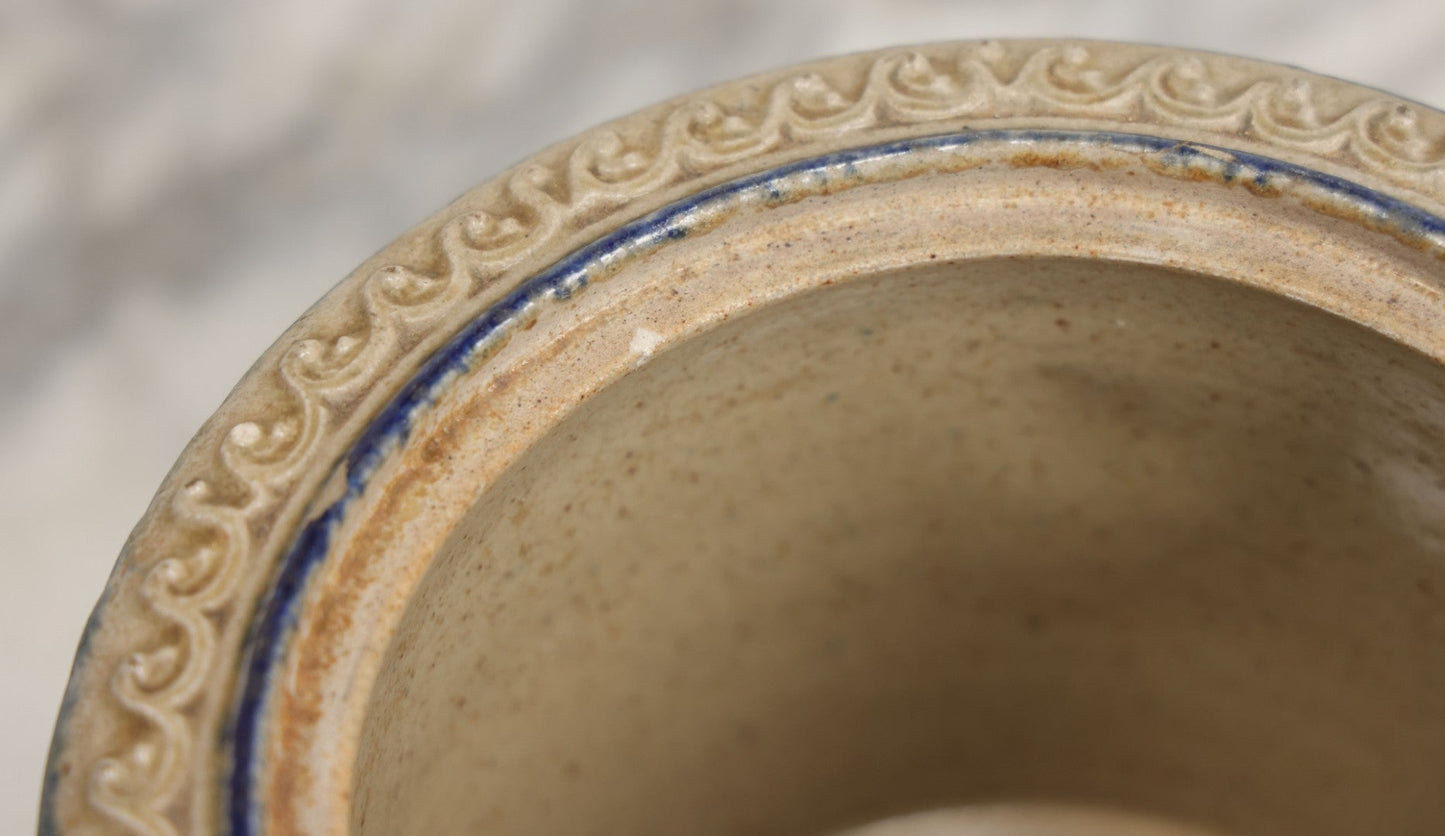 Lot 018 - Antique Molded Stoneware Humidor Vessel With Goat Ram Head Motif, Hunting Dog Scenes, Attributed To White's Pottery, Utica, New York, Circa Late Late 19th Century