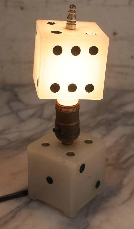 Lot 019 - Vintage Novelty Boudoir Dice Gambler's Lamp With Semi Opaque Dice Base And Matching Clip On Shade, Rewired, Working, Circa 1930s