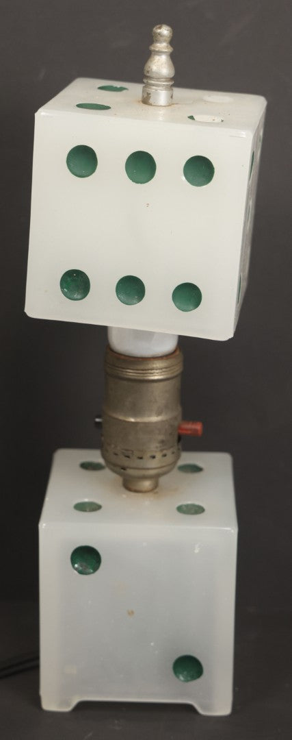 Lot 019 - Vintage Novelty Boudoir Dice Gambler's Lamp With Semi Opaque Dice Base And Matching Clip On Shade, Rewired, Working, Circa 1930s