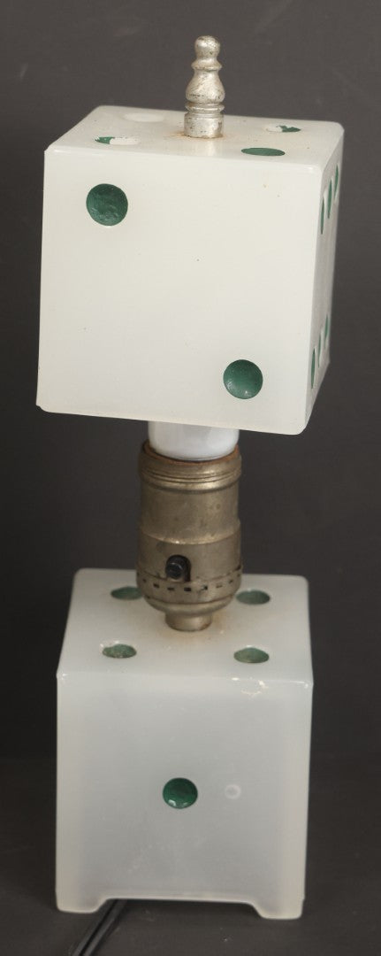 Lot 019 - Vintage Novelty Boudoir Dice Gambler's Lamp With Semi Opaque Dice Base And Matching Clip On Shade, Rewired, Working, Circa 1930s