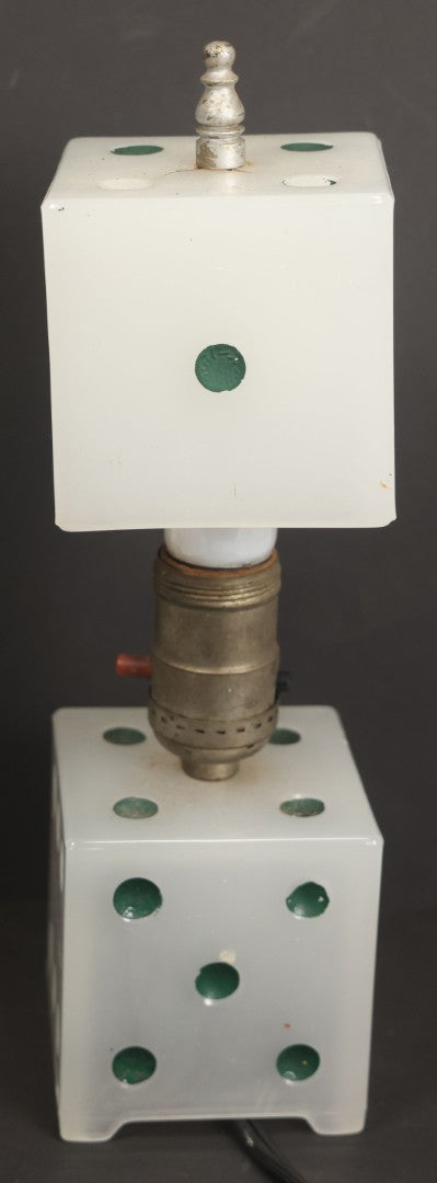 Lot 019 - Vintage Novelty Boudoir Dice Gambler's Lamp With Semi Opaque Dice Base And Matching Clip On Shade, Rewired, Working, Circa 1930s