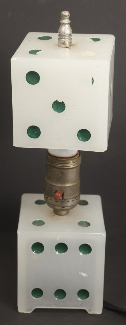 Lot 019 - Vintage Novelty Boudoir Dice Gambler's Lamp With Semi Opaque Dice Base And Matching Clip On Shade, Rewired, Working, Circa 1930s