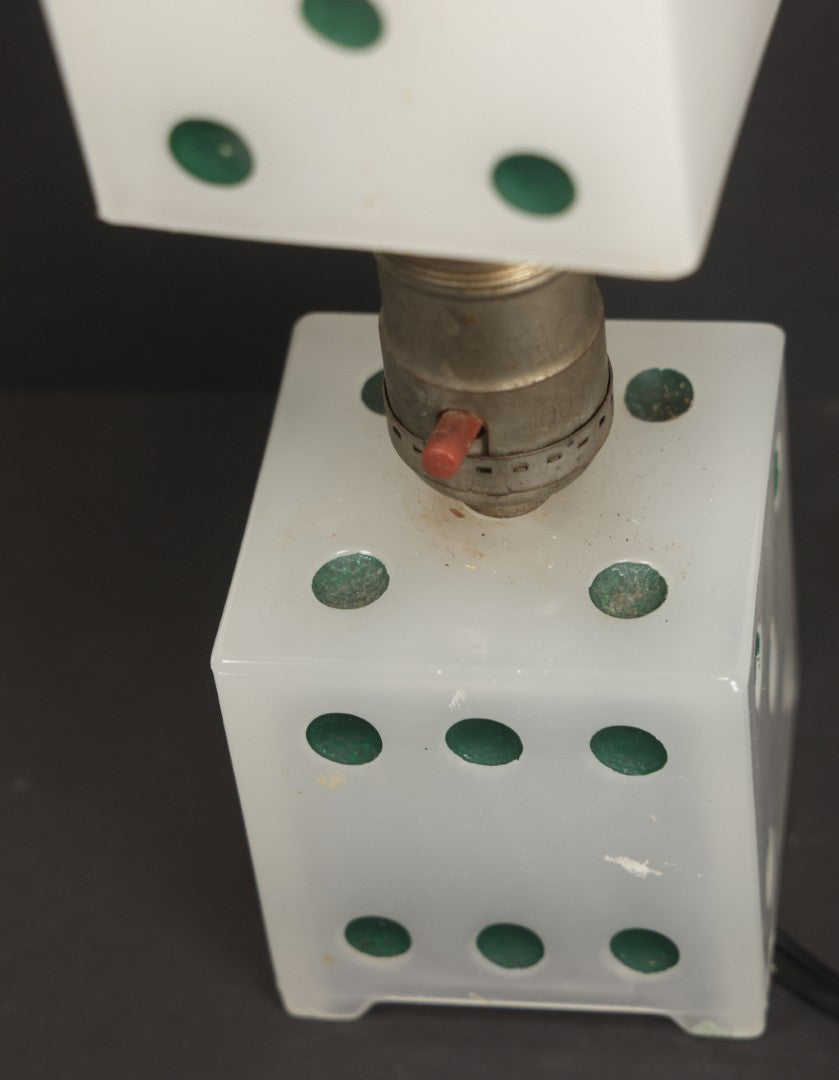 Lot 019 - Vintage Novelty Boudoir Dice Gambler's Lamp With Semi Opaque Dice Base And Matching Clip On Shade, Rewired, Working, Circa 1930s