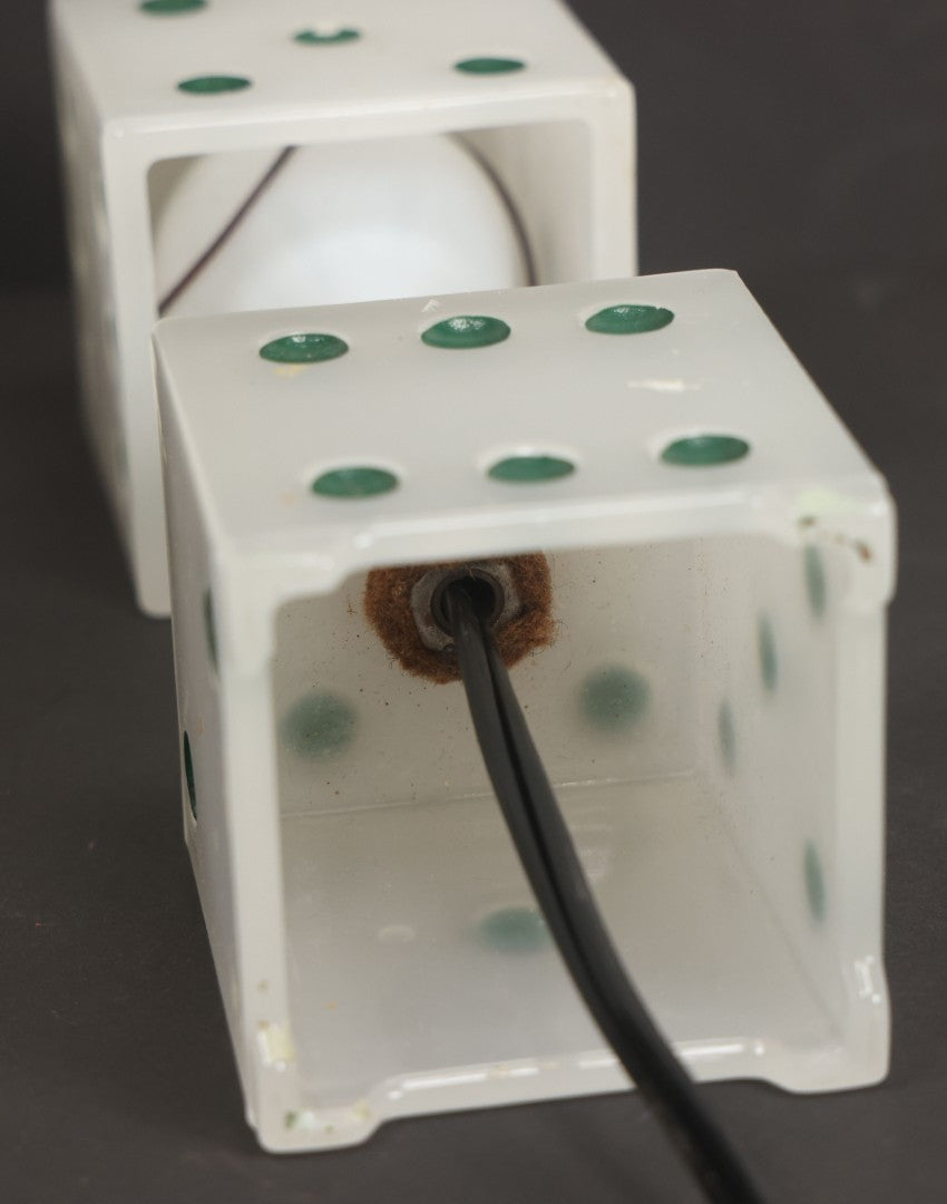 Lot 019 - Vintage Novelty Boudoir Dice Gambler's Lamp With Semi Opaque Dice Base And Matching Clip On Shade, Rewired, Working, Circa 1930s