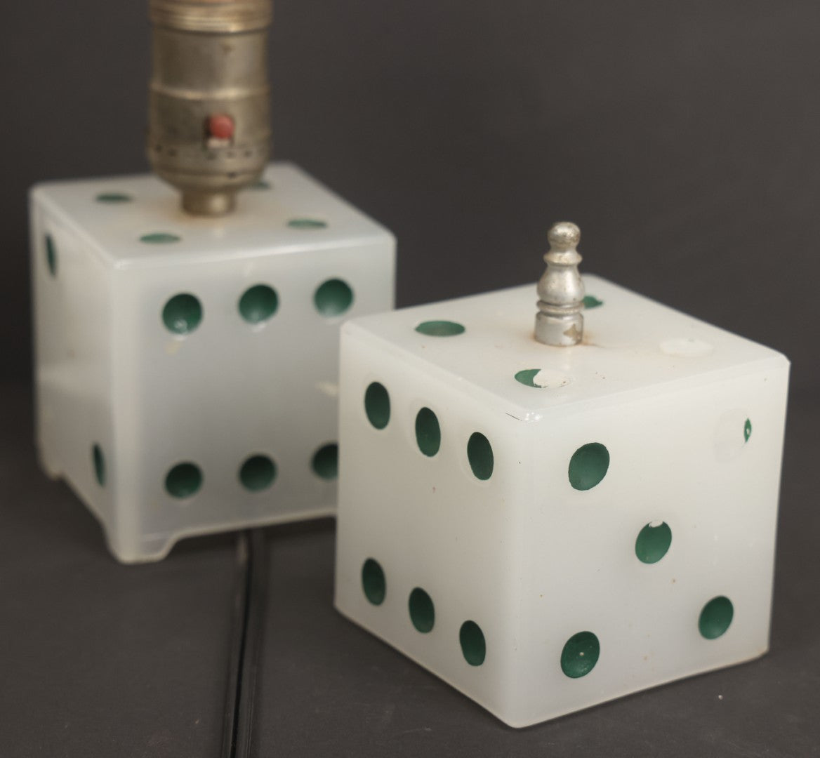 Lot 019 - Vintage Novelty Boudoir Dice Gambler's Lamp With Semi Opaque Dice Base And Matching Clip On Shade, Rewired, Working, Circa 1930s