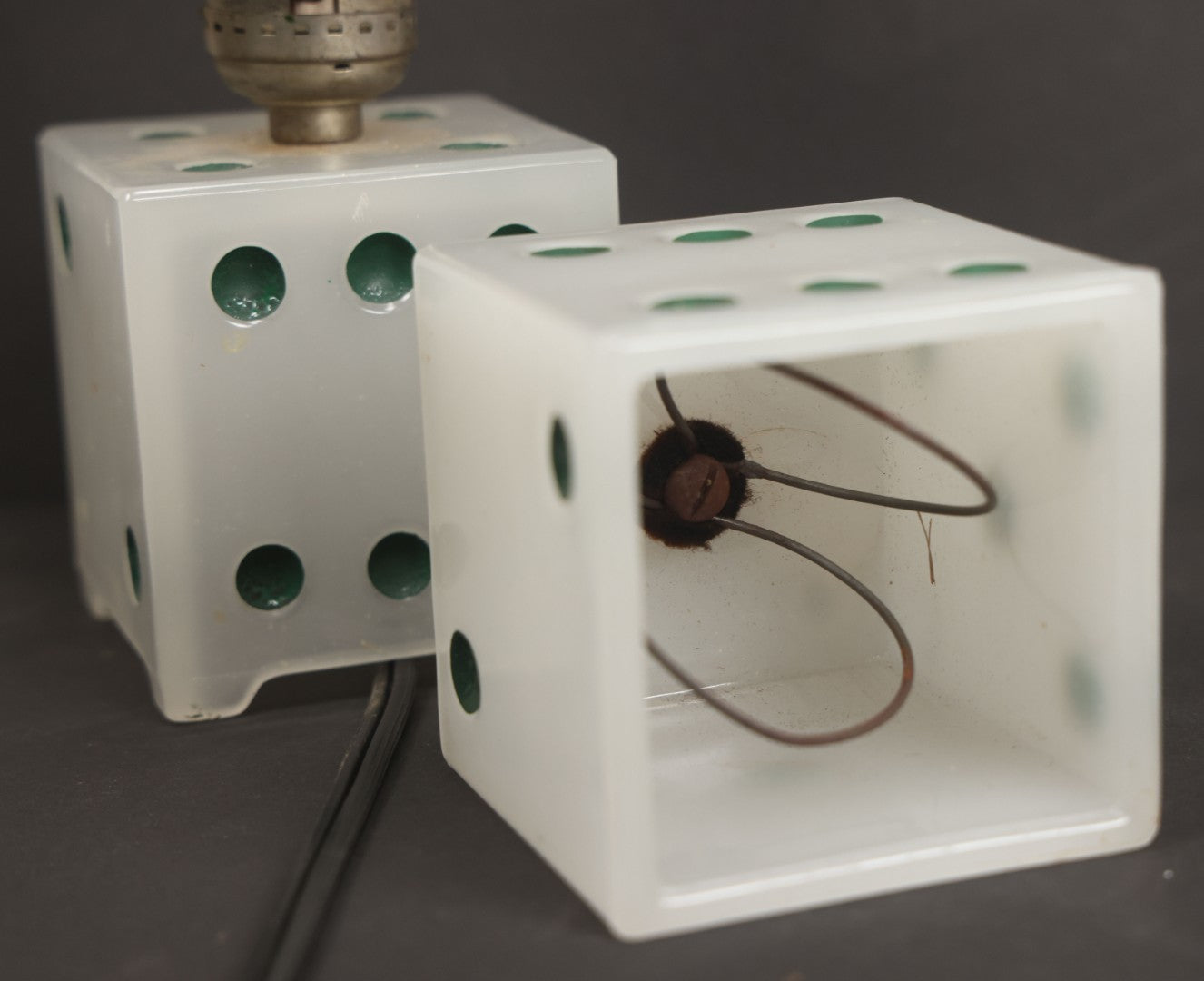 Lot 019 - Vintage Novelty Boudoir Dice Gambler's Lamp With Semi Opaque Dice Base And Matching Clip On Shade, Rewired, Working, Circa 1930s