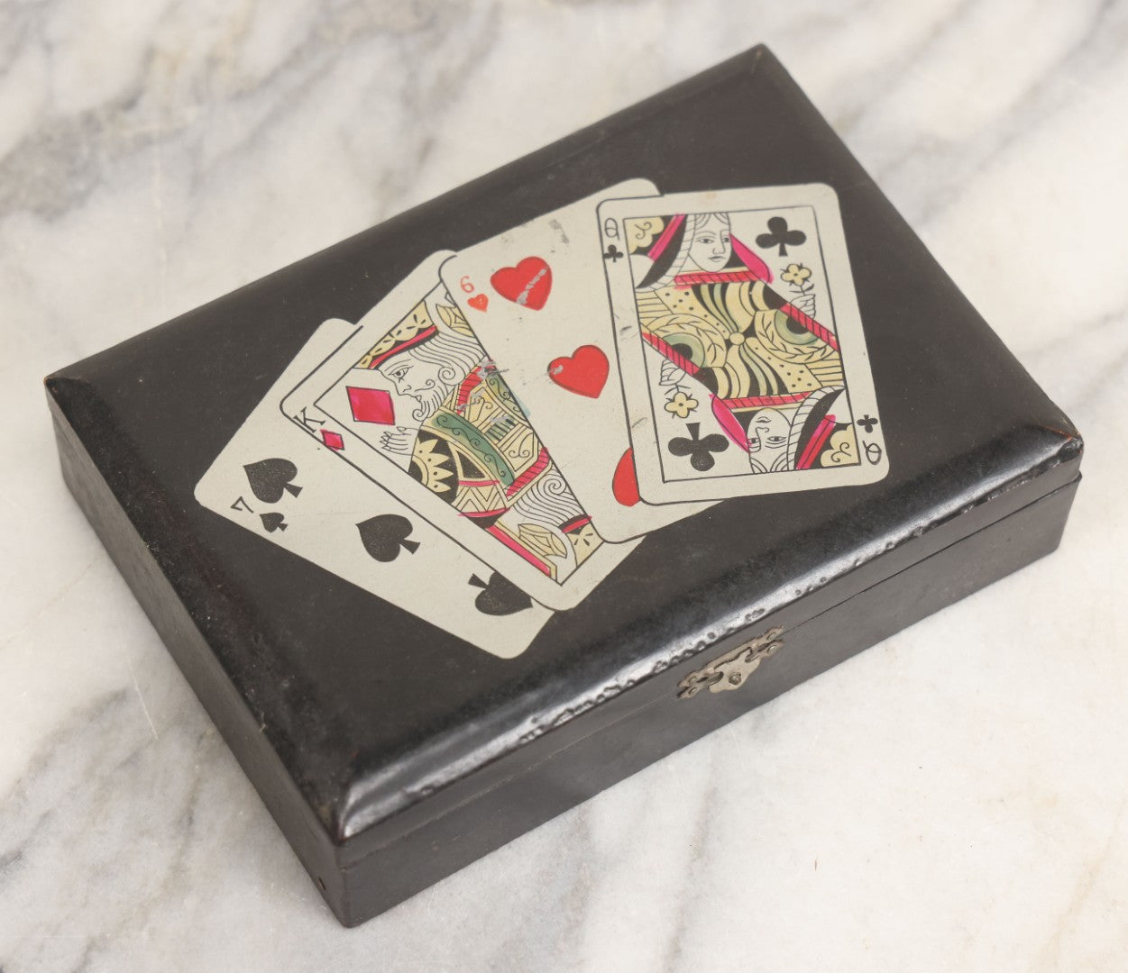 Lot 020 - Vintage Black Lacquered Playing Cards Box With Playing Cards Painted Lid, Divided Interior, Made In Japan
