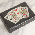 Lot 020 - Vintage Black Lacquered Playing Cards Box With Playing Cards Painted Lid, Divided Interior, Made In Japan