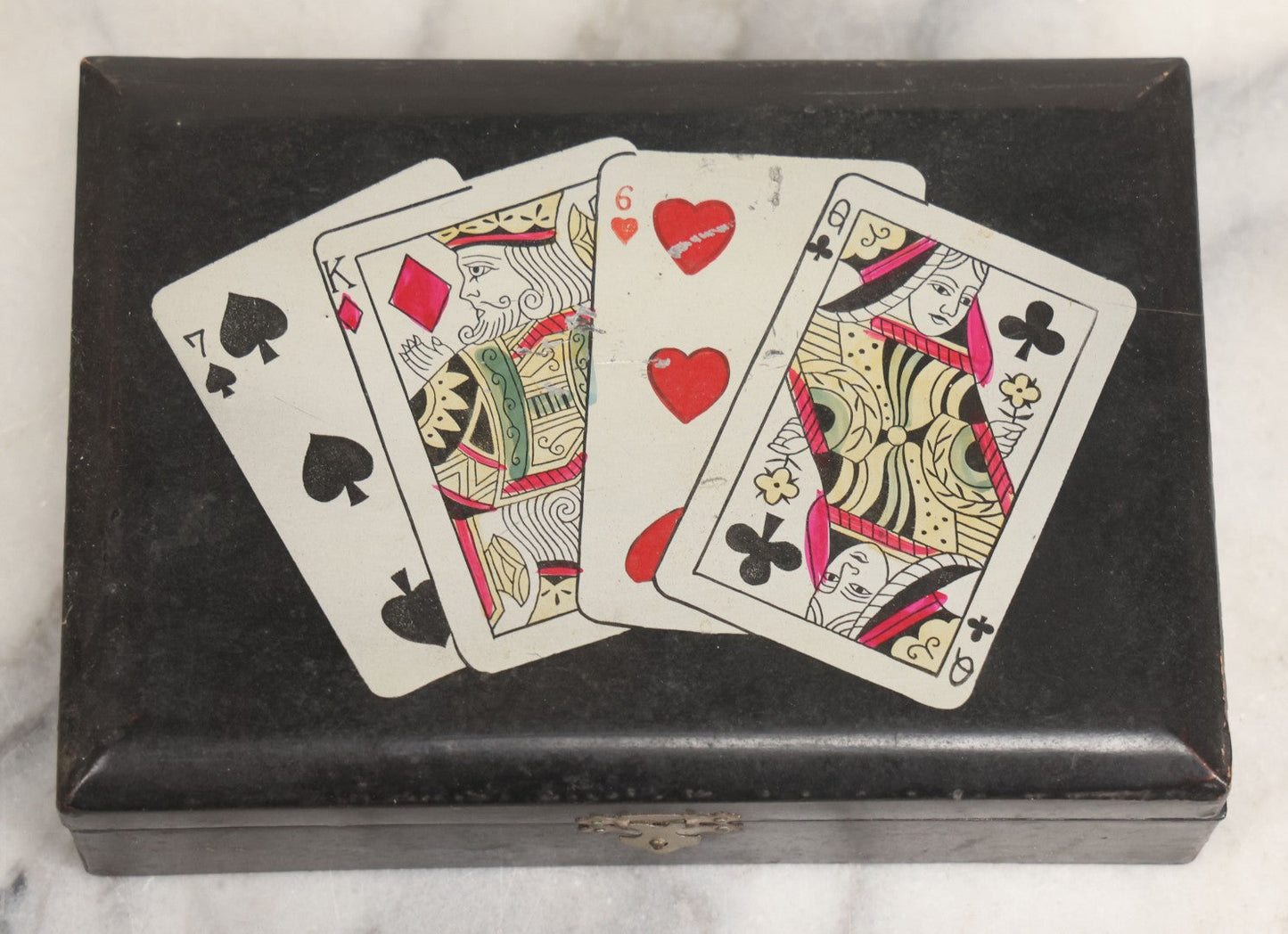 Lot 020 - Vintage Black Lacquered Playing Cards Box With Playing Cards Painted Lid, Divided Interior, Made In Japan