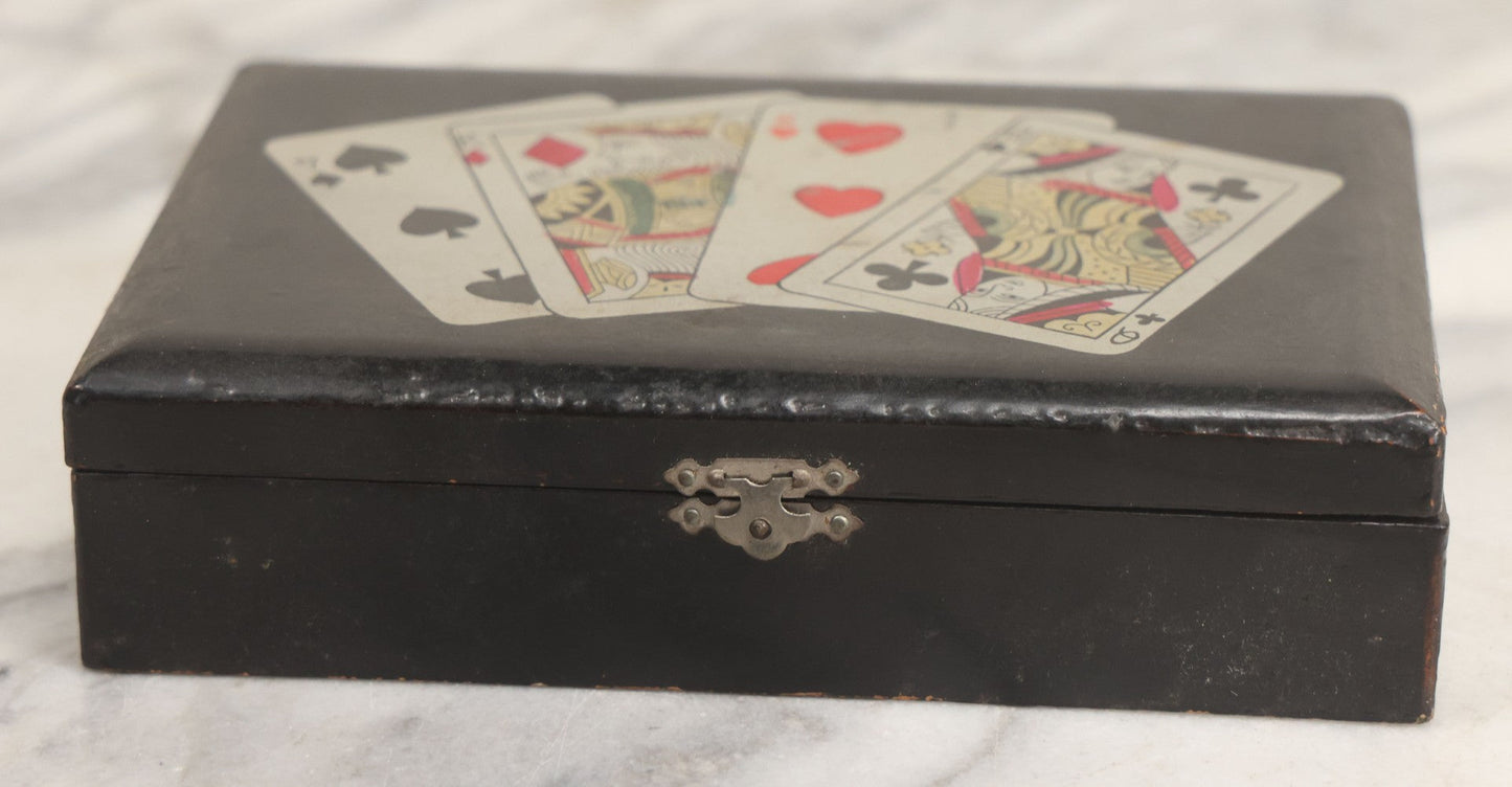 Lot 020 - Vintage Black Lacquered Playing Cards Box With Playing Cards Painted Lid, Divided Interior, Made In Japan