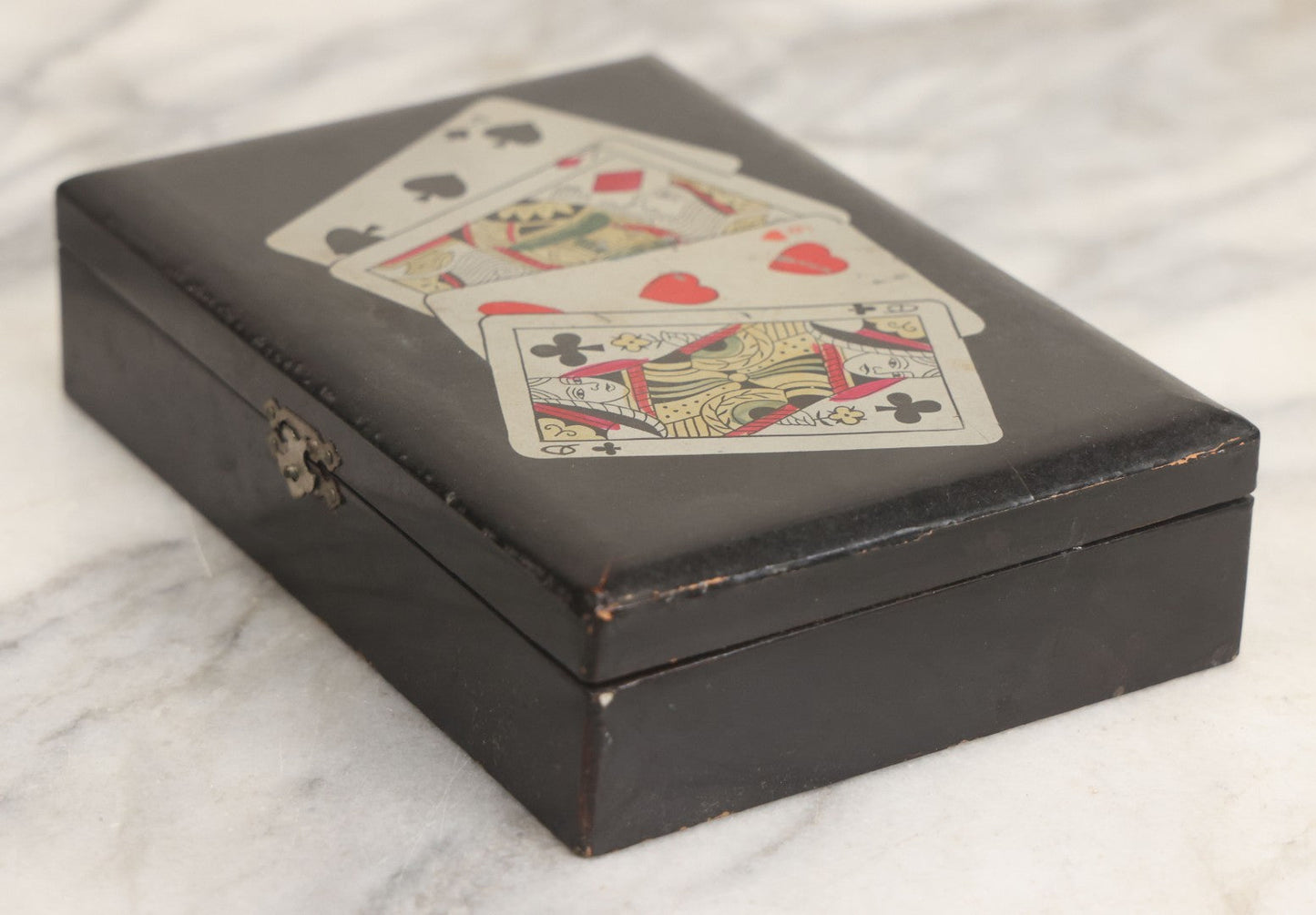 Lot 020 - Vintage Black Lacquered Playing Cards Box With Playing Cards Painted Lid, Divided Interior, Made In Japan