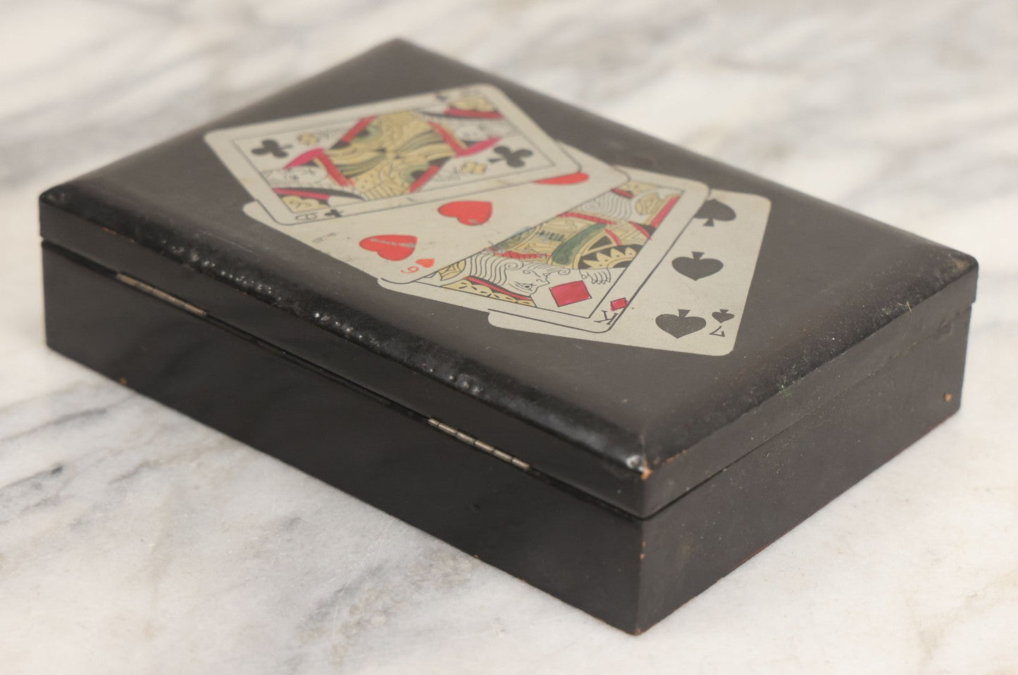 Lot 020 - Vintage Black Lacquered Playing Cards Box With Playing Cards Painted Lid, Divided Interior, Made In Japan