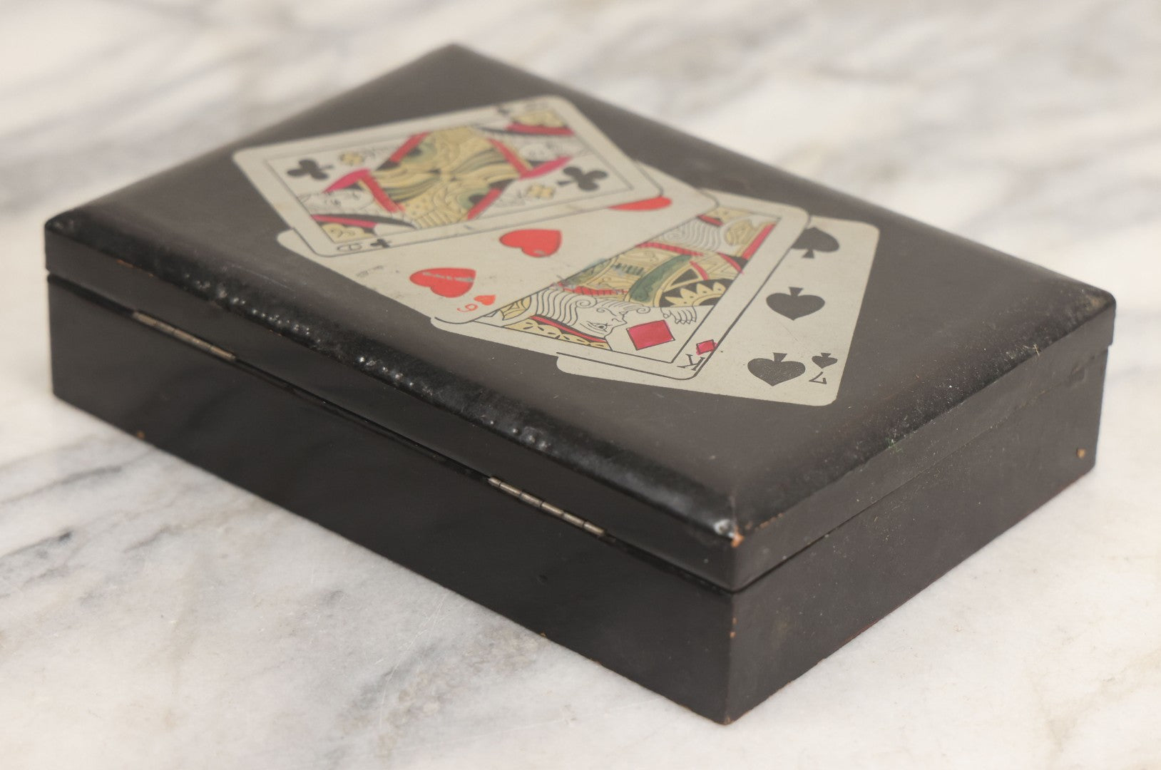 Lot 020 - Vintage Black Lacquered Playing Cards Box With Playing Cards Painted Lid, Divided Interior, Made In Japan
