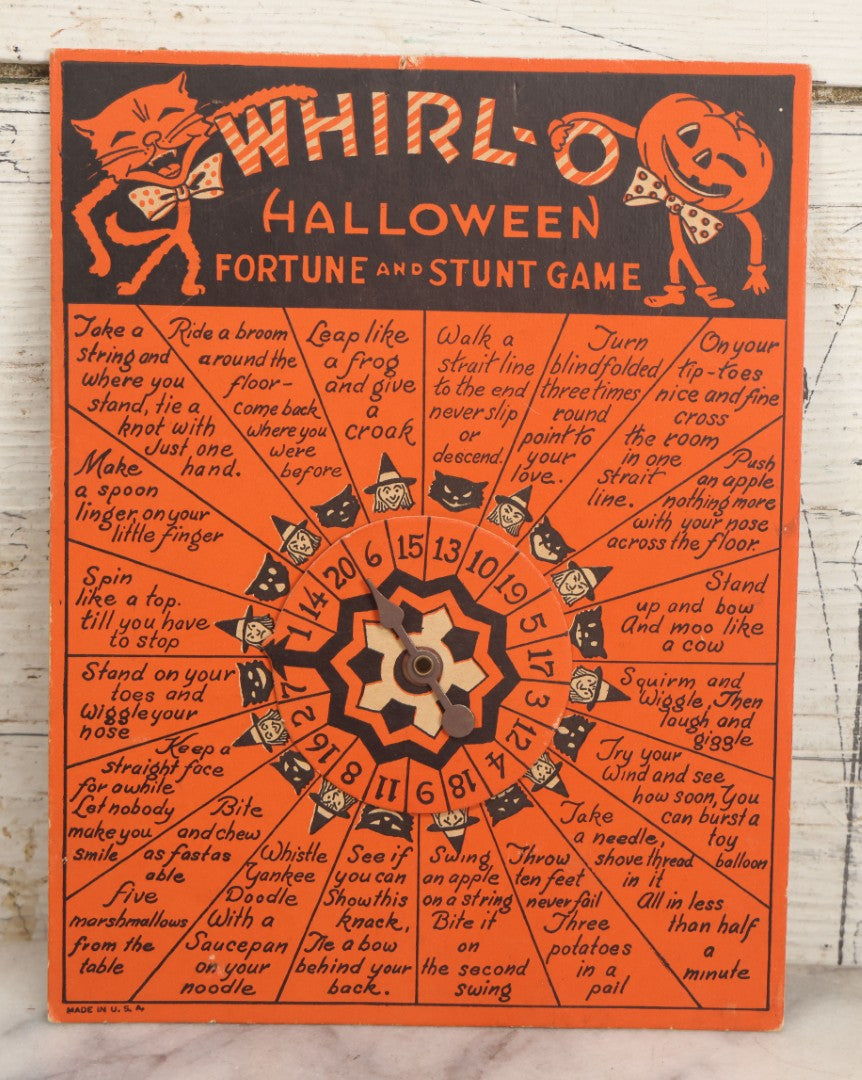 Lot 021 - Vintage Whirl-O Halloween Fortune And Stunt Game With Spinner, Laughing Cat And Pumpkin Motifs, "Whirl-O Fortunes" By Sandra Pearl, Manufactured By The Beistle Company, Made In U.S.A., Circa 1940s 