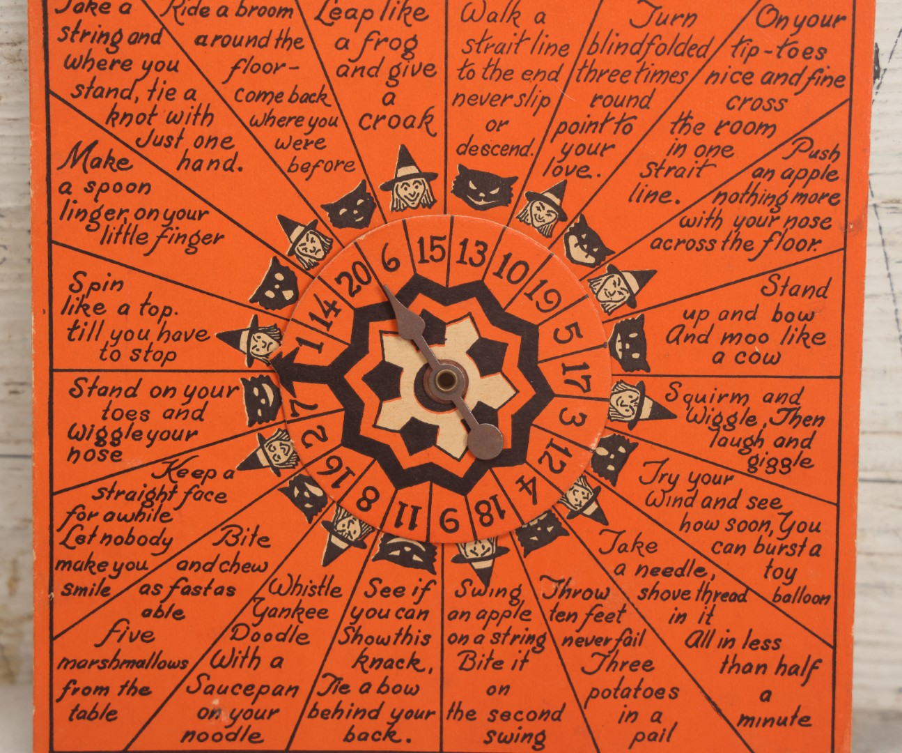 Lot 021 - Vintage Whirl-O Halloween Fortune And Stunt Game With Spinner, Laughing Cat And Pumpkin Motifs, "Whirl-O Fortunes" By Sandra Pearl, Manufactured By The Beistle Company, Made In U.S.A., Circa 1940s 