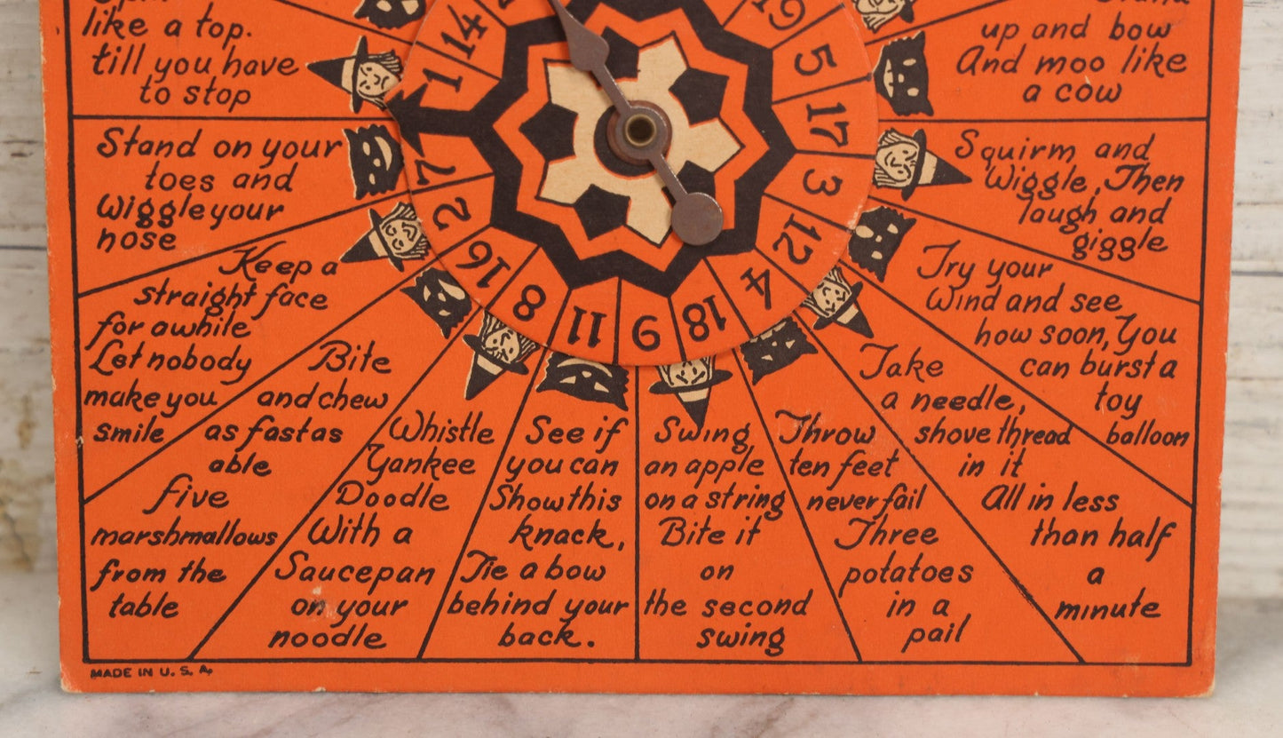 Lot 021 - Vintage Whirl-O Halloween Fortune And Stunt Game With Spinner, Laughing Cat And Pumpkin Motifs, "Whirl-O Fortunes" By Sandra Pearl, Manufactured By The Beistle Company, Made In U.S.A., Circa 1940s 
