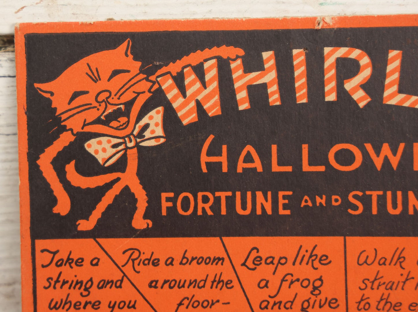 Lot 021 - Vintage Whirl-O Halloween Fortune And Stunt Game With Spinner, Laughing Cat And Pumpkin Motifs, "Whirl-O Fortunes" By Sandra Pearl, Manufactured By The Beistle Company, Made In U.S.A., Circa 1940s 