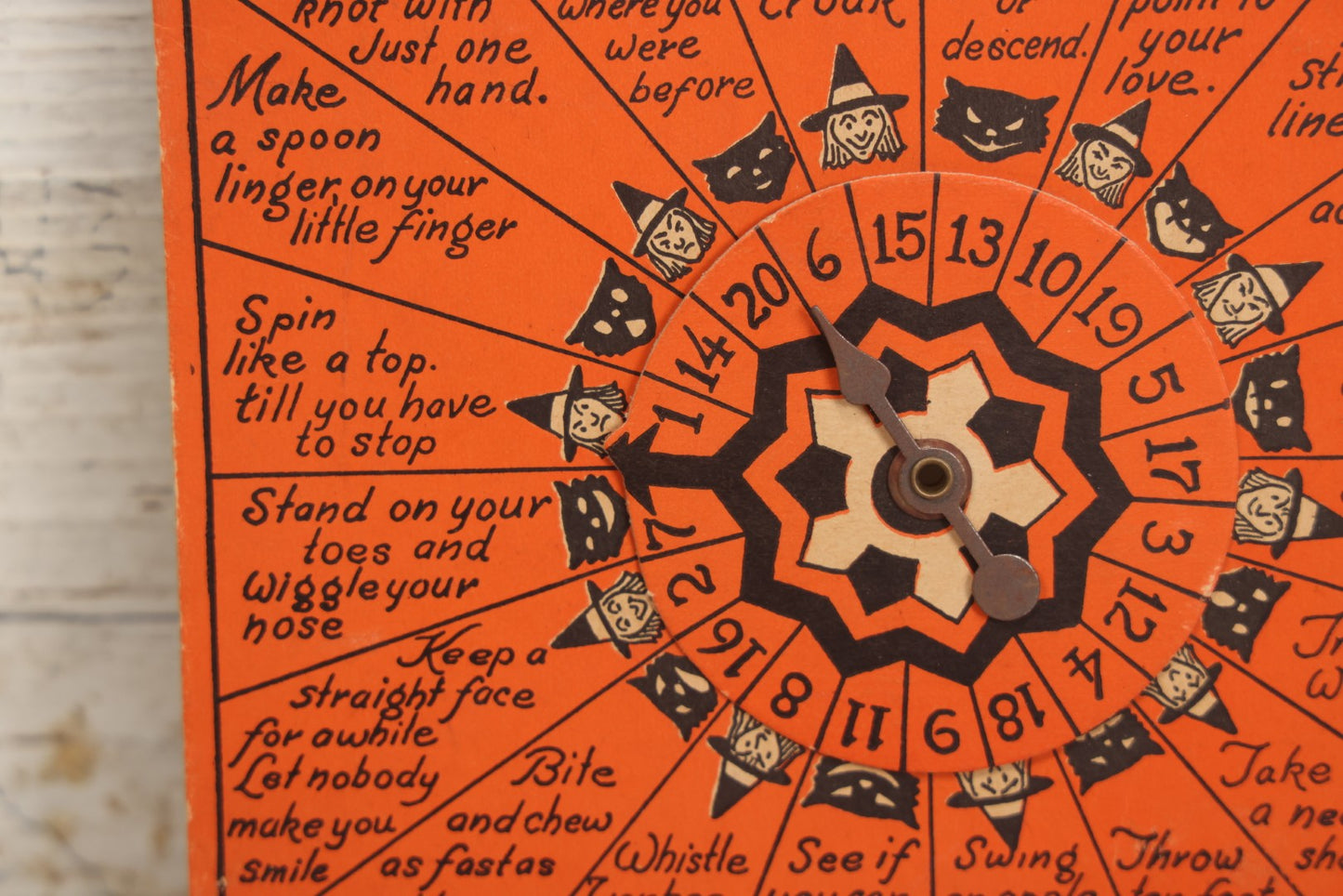 Lot 021 - Vintage Whirl-O Halloween Fortune And Stunt Game With Spinner, Laughing Cat And Pumpkin Motifs, "Whirl-O Fortunes" By Sandra Pearl, Manufactured By The Beistle Company, Made In U.S.A., Circa 1940s 