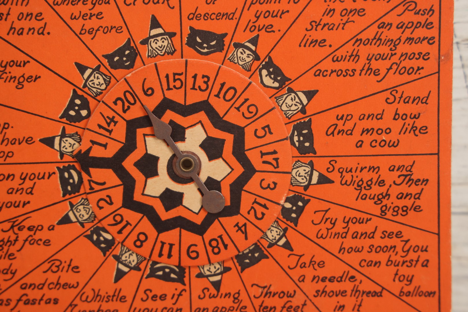 Lot 021 - Vintage Whirl-O Halloween Fortune And Stunt Game With Spinner, Laughing Cat And Pumpkin Motifs, "Whirl-O Fortunes" By Sandra Pearl, Manufactured By The Beistle Company, Made In U.S.A., Circa 1940s 