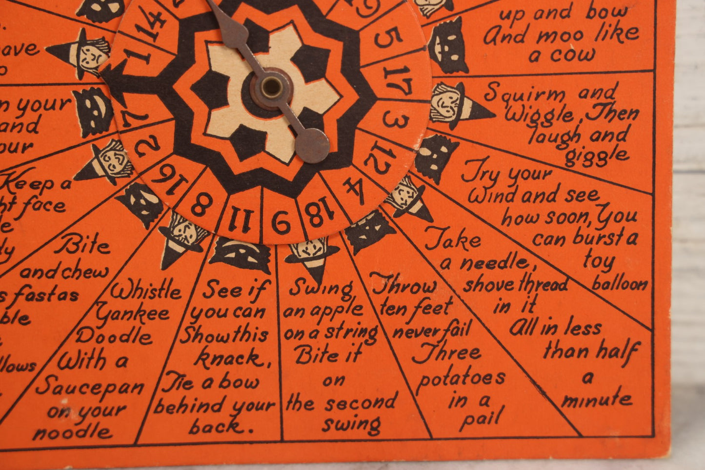 Lot 021 - Vintage Whirl-O Halloween Fortune And Stunt Game With Spinner, Laughing Cat And Pumpkin Motifs, "Whirl-O Fortunes" By Sandra Pearl, Manufactured By The Beistle Company, Made In U.S.A., Circa 1940s 