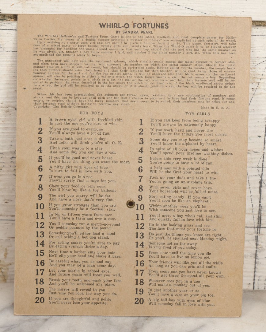 Lot 021 - Vintage Whirl-O Halloween Fortune And Stunt Game With Spinner, Laughing Cat And Pumpkin Motifs, "Whirl-O Fortunes" By Sandra Pearl, Manufactured By The Beistle Company, Made In U.S.A., Circa 1940s 