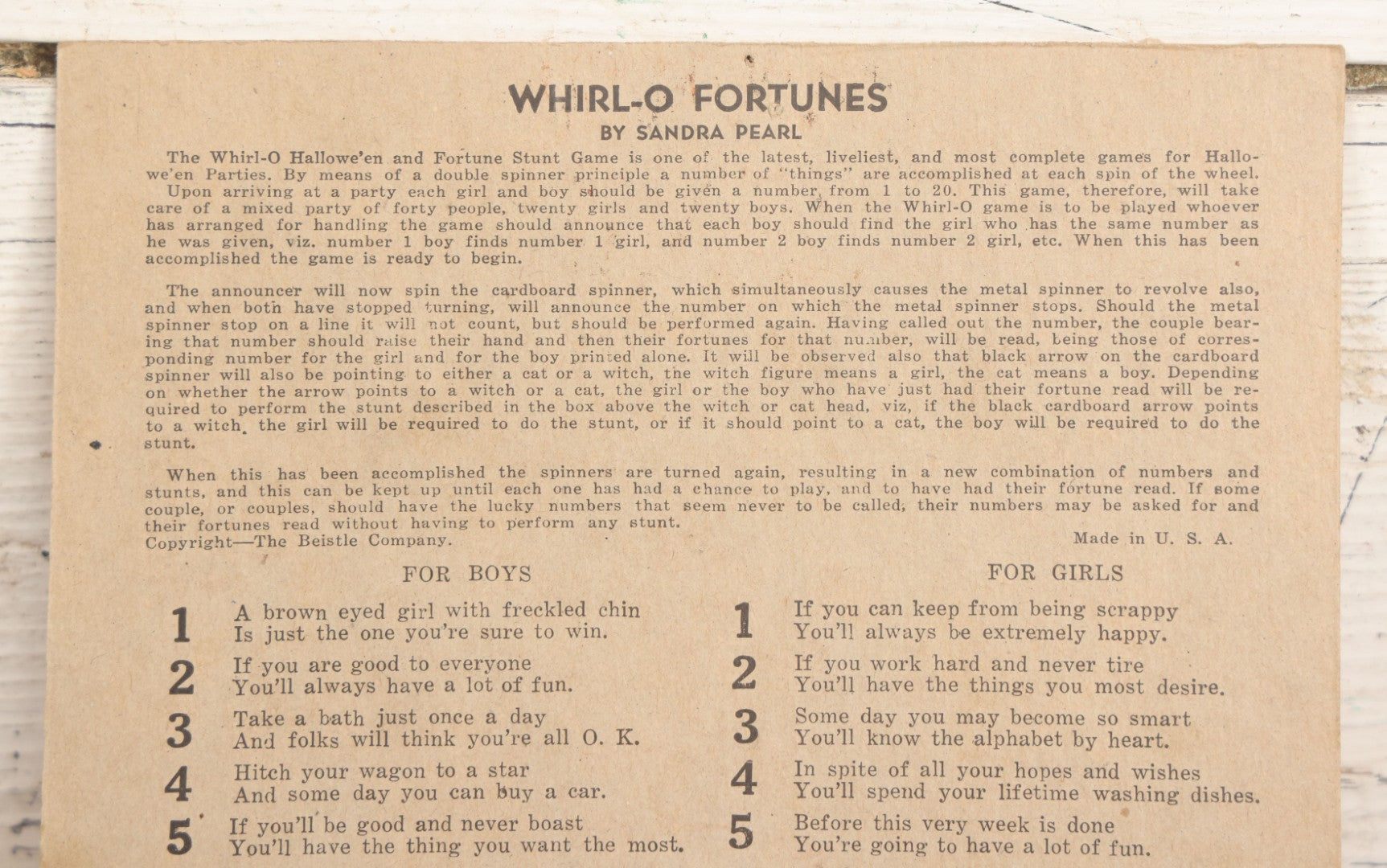 Lot 021 - Vintage Whirl-O Halloween Fortune And Stunt Game With Spinner, Laughing Cat And Pumpkin Motifs, "Whirl-O Fortunes" By Sandra Pearl, Manufactured By The Beistle Company, Made In U.S.A., Circa 1940s 