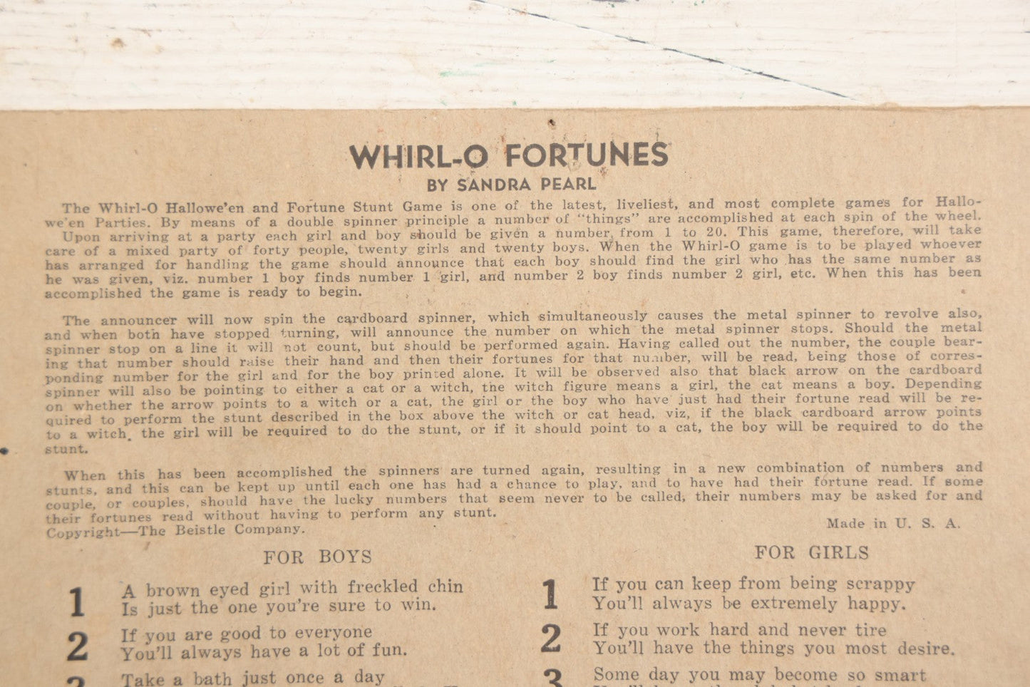 Lot 021 - Vintage Whirl-O Halloween Fortune And Stunt Game With Spinner, Laughing Cat And Pumpkin Motifs, "Whirl-O Fortunes" By Sandra Pearl, Manufactured By The Beistle Company, Made In U.S.A., Circa 1940s 
