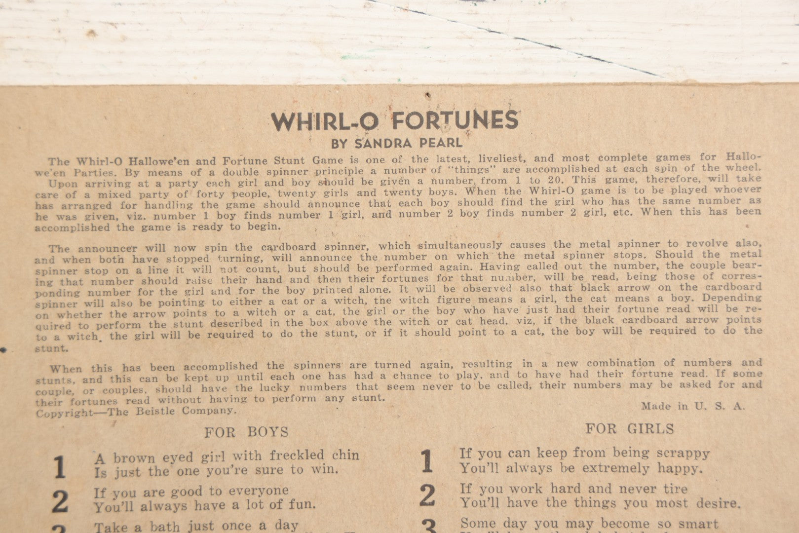 Lot 021 - Vintage Whirl-O Halloween Fortune And Stunt Game With Spinner, Laughing Cat And Pumpkin Motifs, "Whirl-O Fortunes" By Sandra Pearl, Manufactured By The Beistle Company, Made In U.S.A., Circa 1940s 