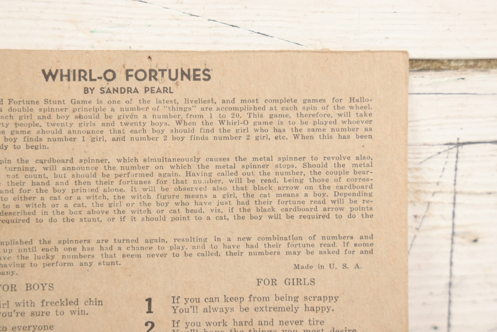 Lot 021 - Vintage Whirl-O Halloween Fortune And Stunt Game With Spinner, Laughing Cat And Pumpkin Motifs, "Whirl-O Fortunes" By Sandra Pearl, Manufactured By The Beistle Company, Made In U.S.A., Circa 1940s 