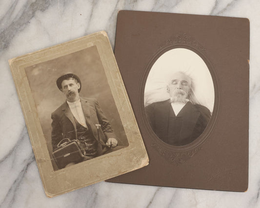 Lot 027 - Pair Of Antique Boarded Photographs Of Dr. Julius Benson Evans In Life And Death, Including Occupational Photo Of Doctor With Bag, And Post Mortem Photo Of Deceased Doctor Lying At Rest