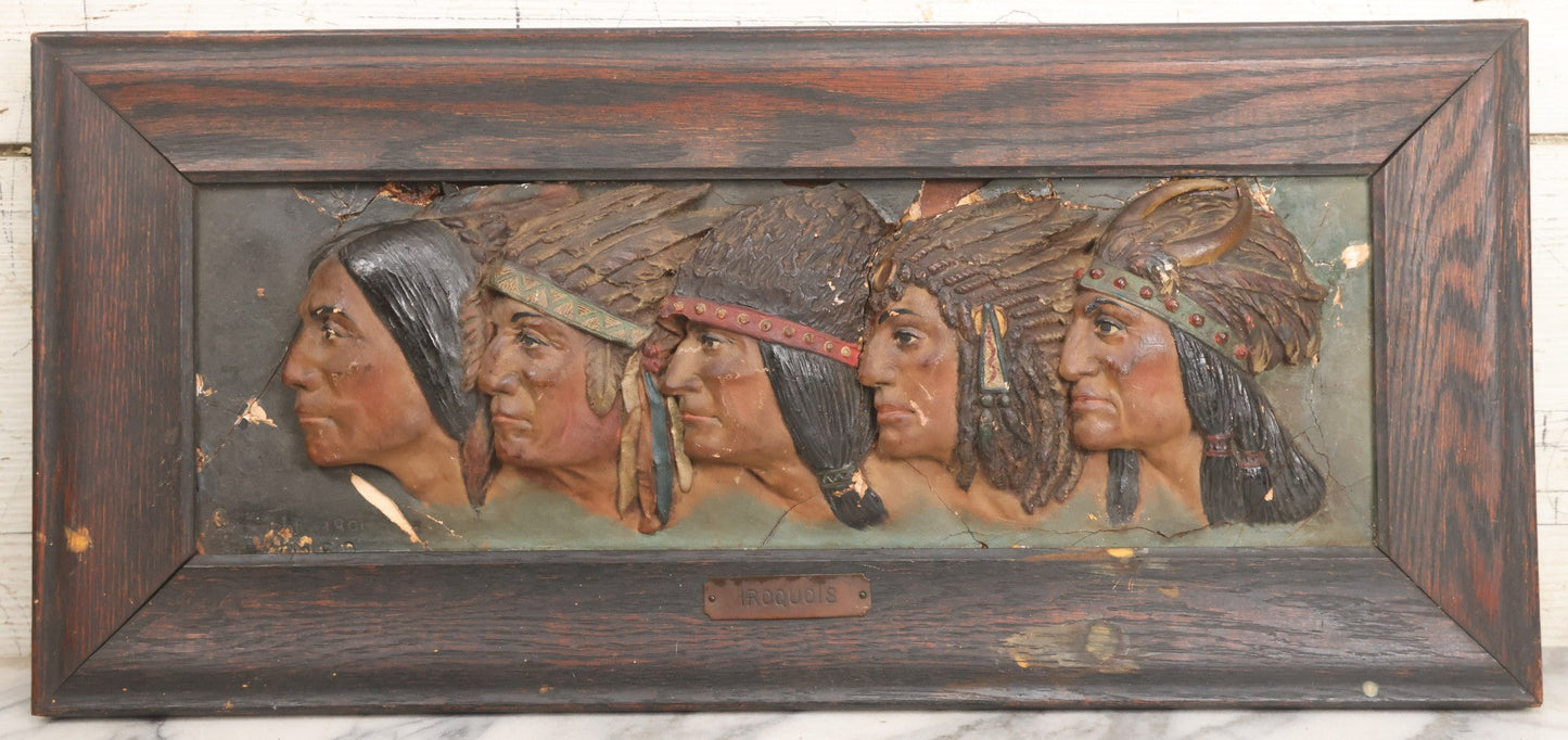 Lot 029 - Antique Chalkware Iroquois Native American Tribe Plaque In Frame, Copyright 1901, Note Very Badly Damaged
