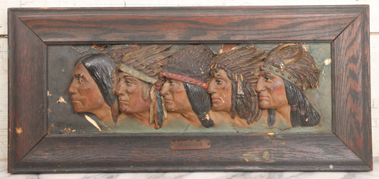 Lot 029 - Antique Chalkware Iroquois Native American Tribe Plaque In Frame, Copyright 1901, Note Very Badly Damaged
