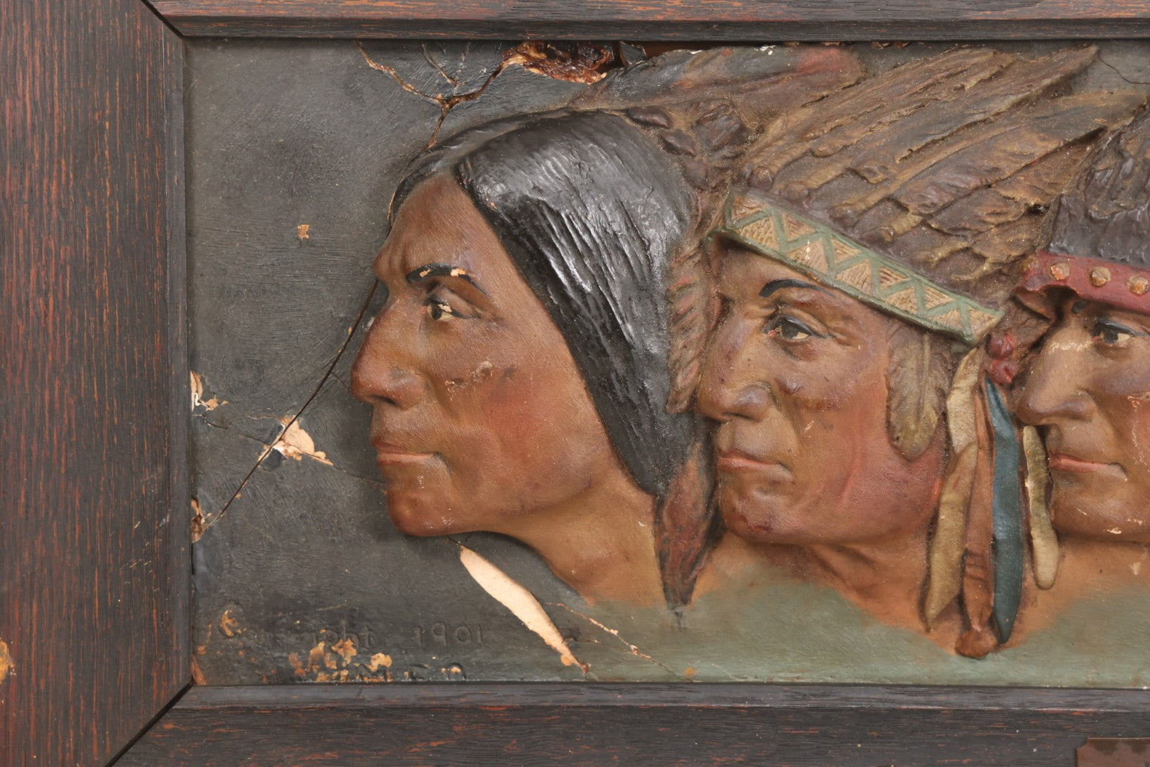 Lot 029 - Antique Chalkware Iroquois Native American Tribe Plaque In Frame, Copyright 1901, Note Very Badly Damaged