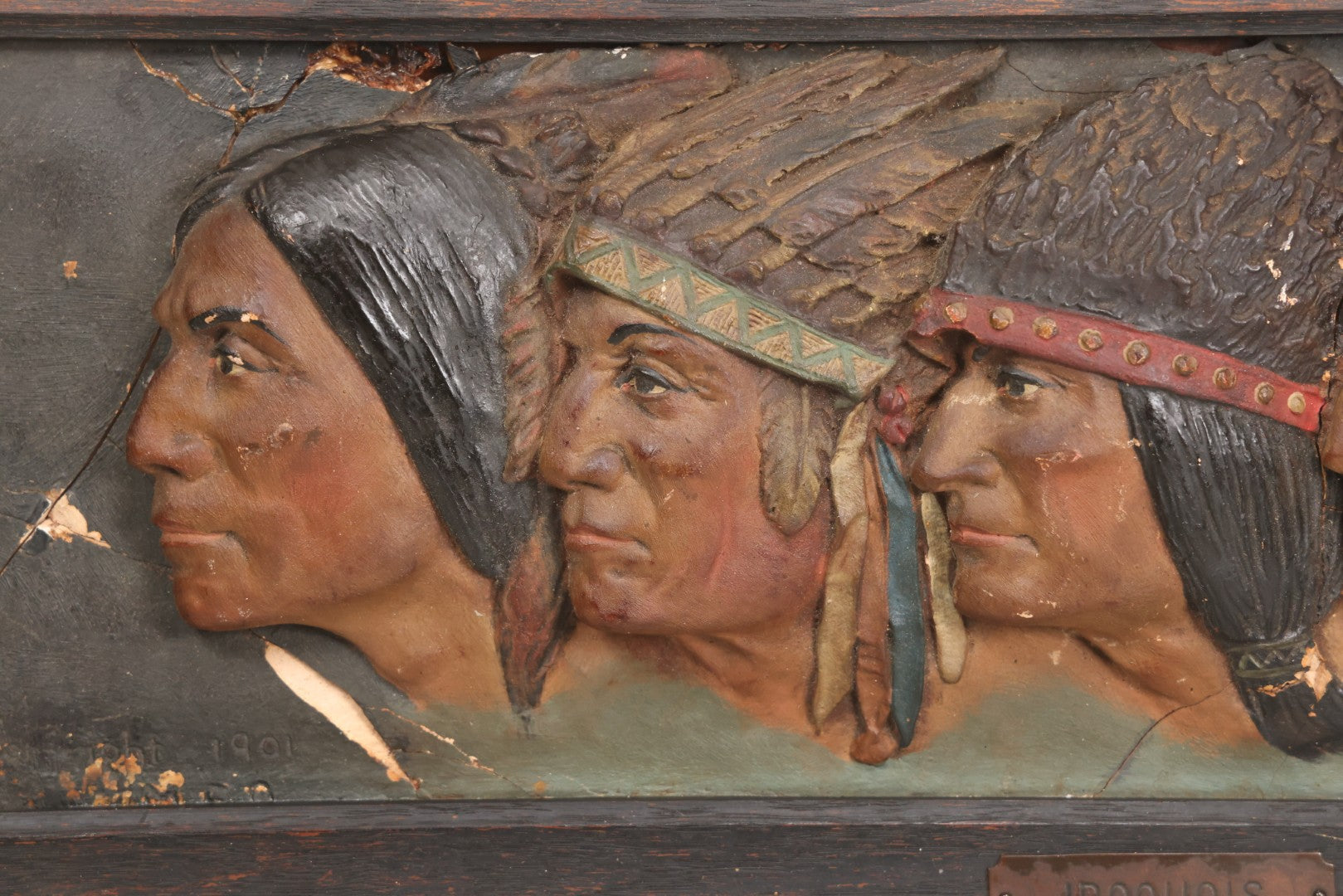 Lot 029 - Antique Chalkware Iroquois Native American Tribe Plaque In Frame, Copyright 1901, Note Very Badly Damaged