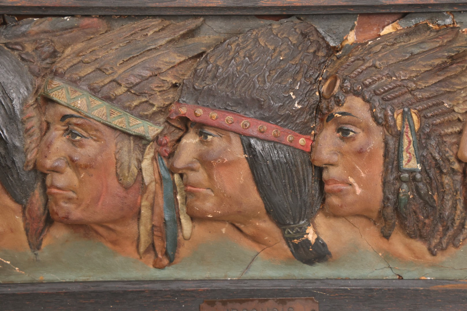 Lot 029 - Antique Chalkware Iroquois Native American Tribe Plaque In Frame, Copyright 1901, Note Very Badly Damaged