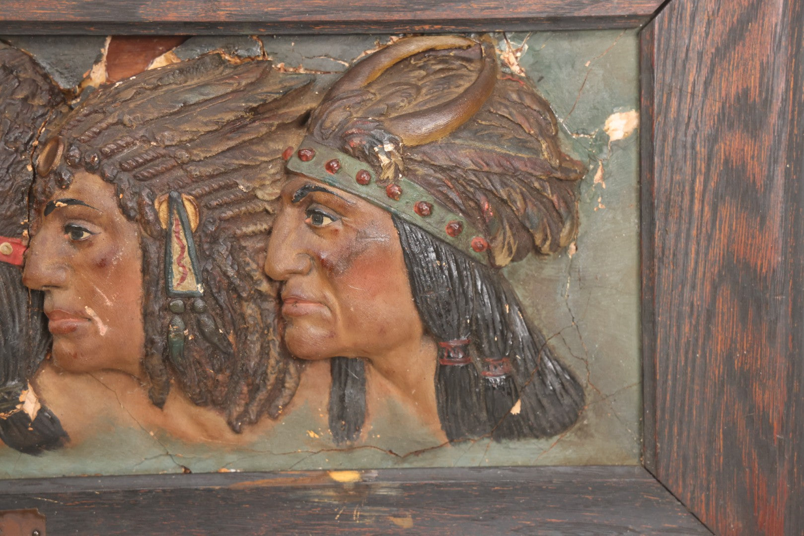 Lot 029 - Antique Chalkware Iroquois Native American Tribe Plaque In Frame, Copyright 1901, Note Very Badly Damaged