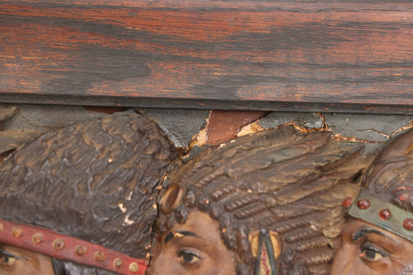 Lot 029 - Antique Chalkware Iroquois Native American Tribe Plaque In Frame, Copyright 1901, Note Very Badly Damaged