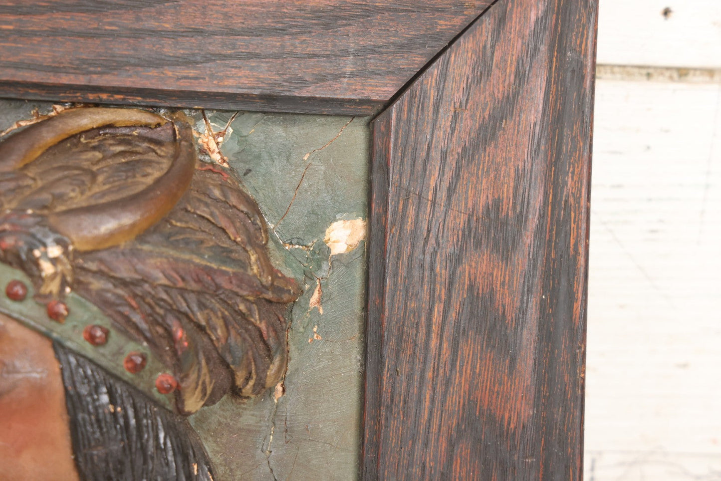 Lot 029 - Antique Chalkware Iroquois Native American Tribe Plaque In Frame, Copyright 1901, Note Very Badly Damaged