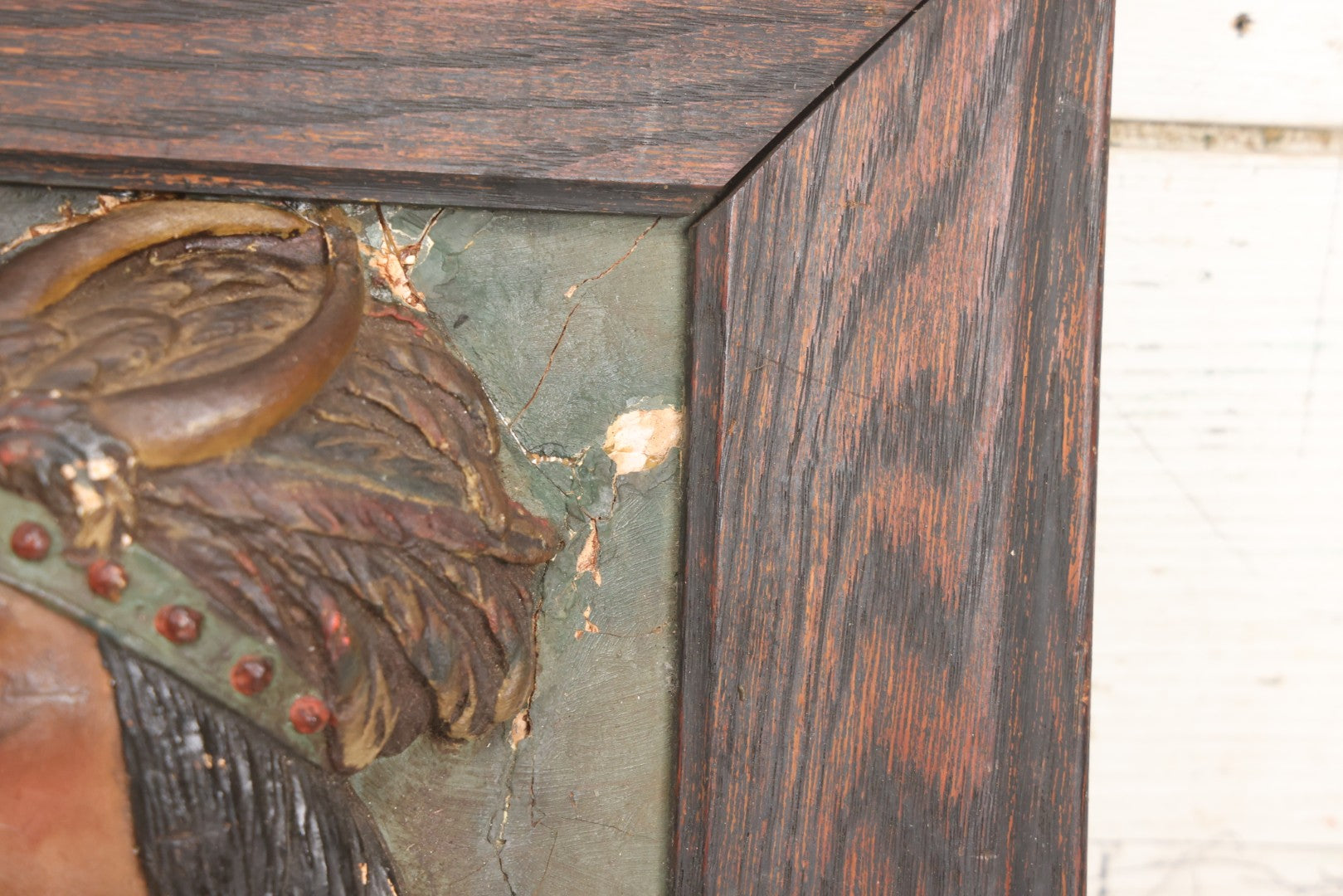 Lot 029 - Antique Chalkware Iroquois Native American Tribe Plaque In Frame, Copyright 1901, Note Very Badly Damaged