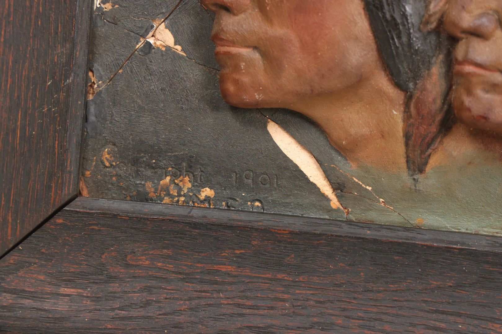 Lot 029 - Antique Chalkware Iroquois Native American Tribe Plaque In Frame, Copyright 1901, Note Very Badly Damaged