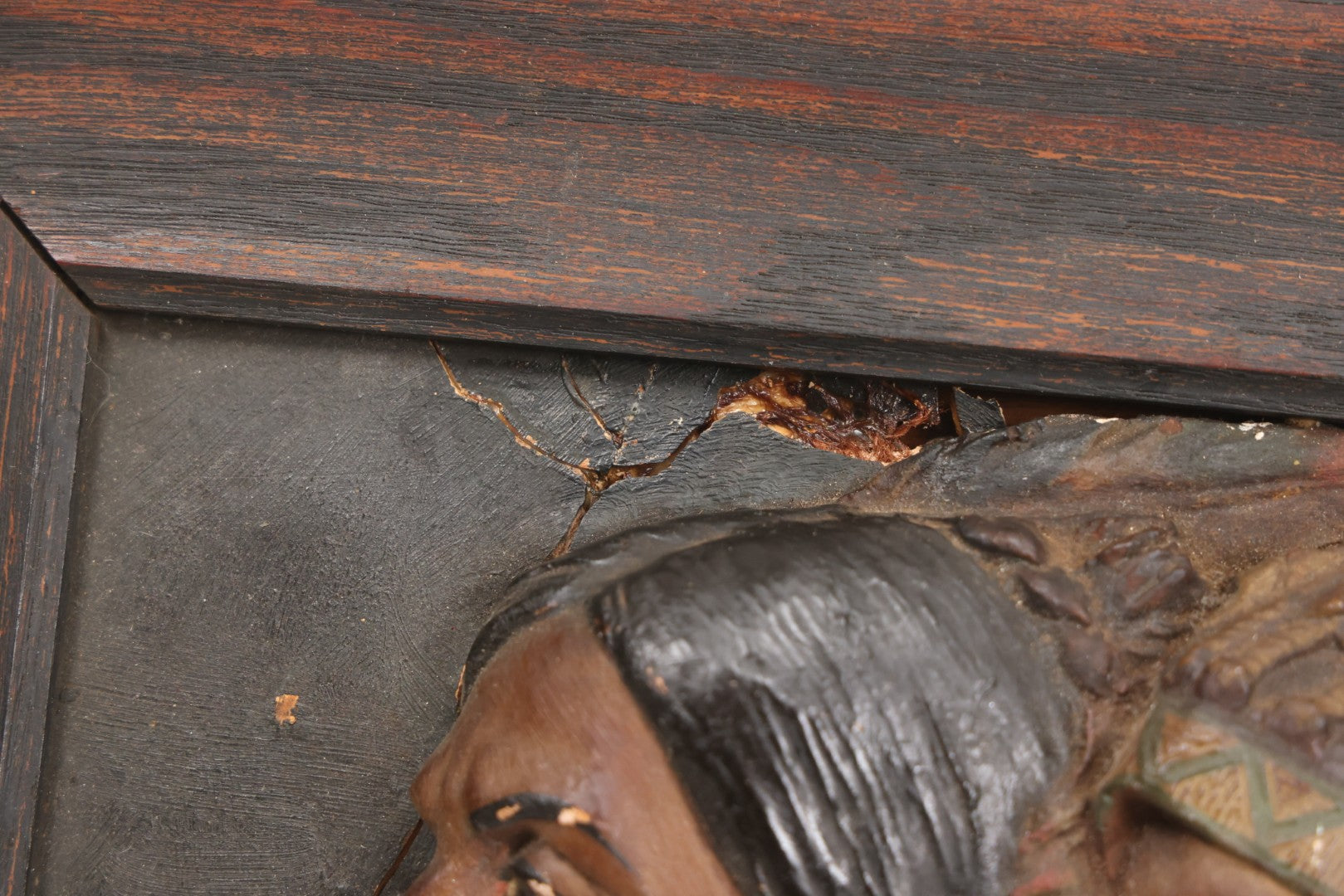 Lot 029 - Antique Chalkware Iroquois Native American Tribe Plaque In Frame, Copyright 1901, Note Very Badly Damaged