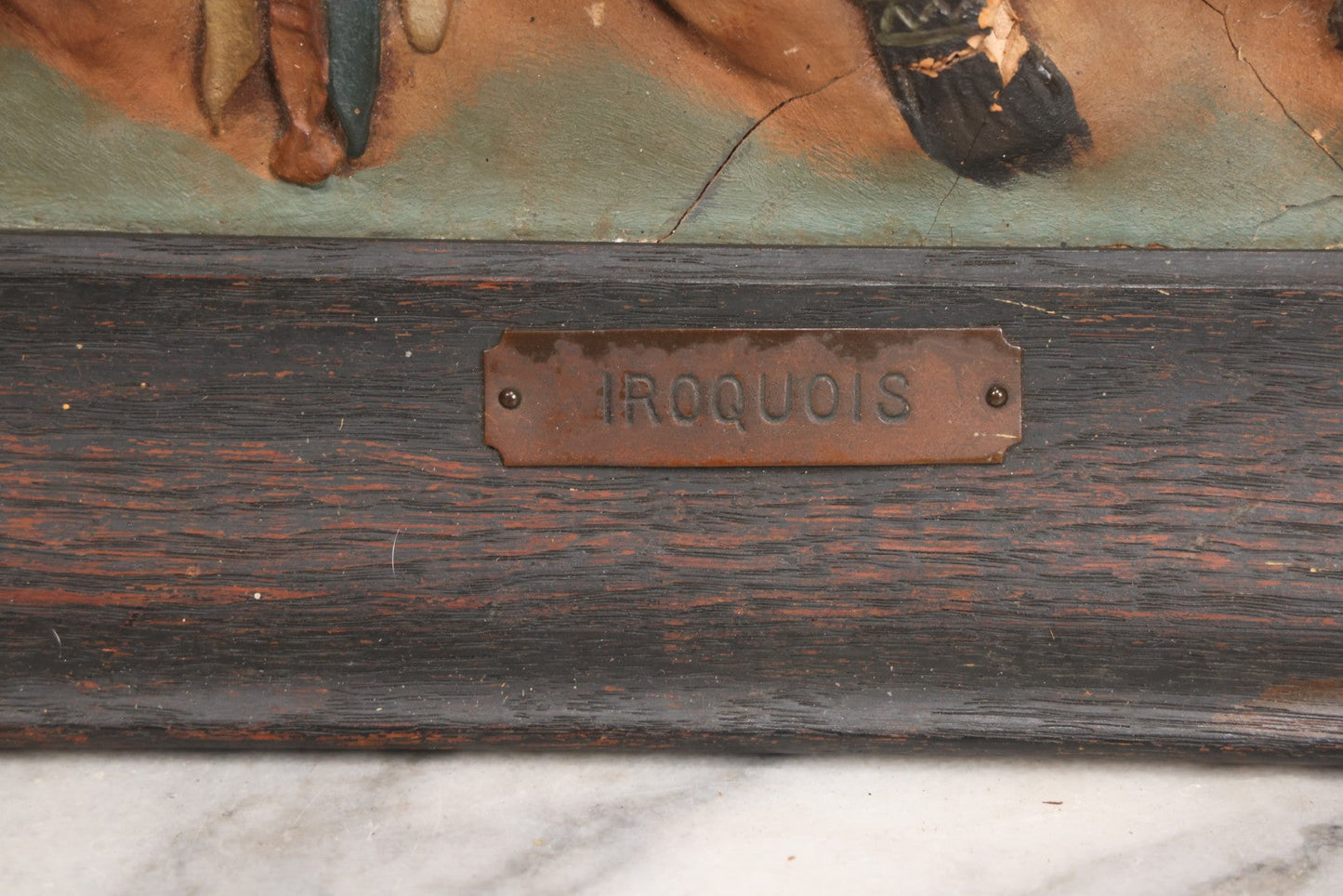 Lot 029 - Antique Chalkware Iroquois Native American Tribe Plaque In Frame, Copyright 1901, Note Very Badly Damaged