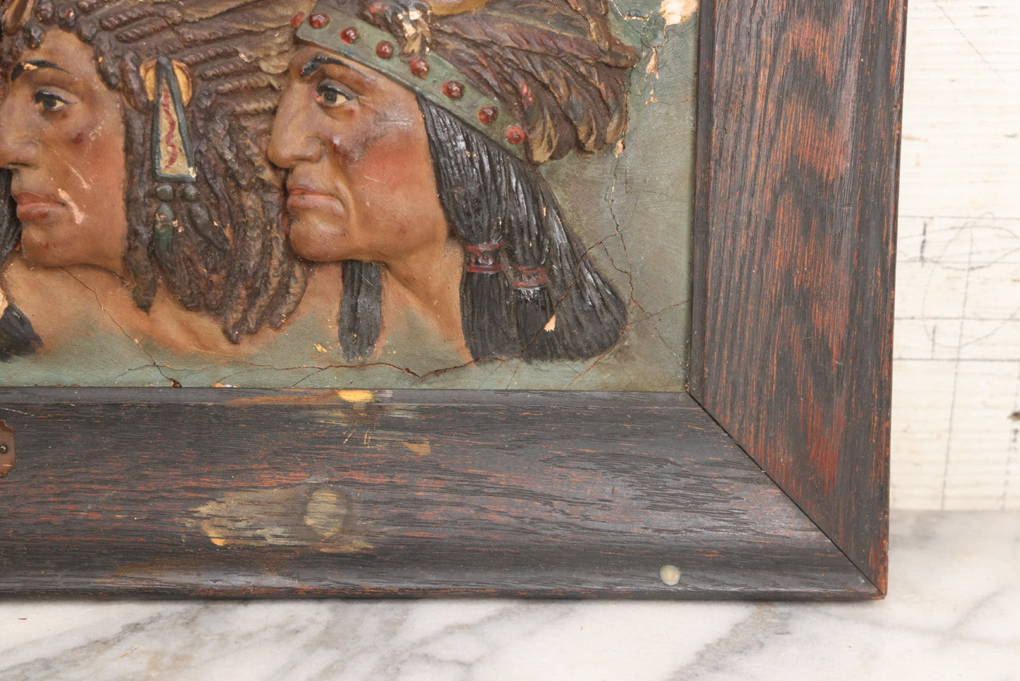 Lot 029 - Antique Chalkware Iroquois Native American Tribe Plaque In Frame, Copyright 1901, Note Very Badly Damaged